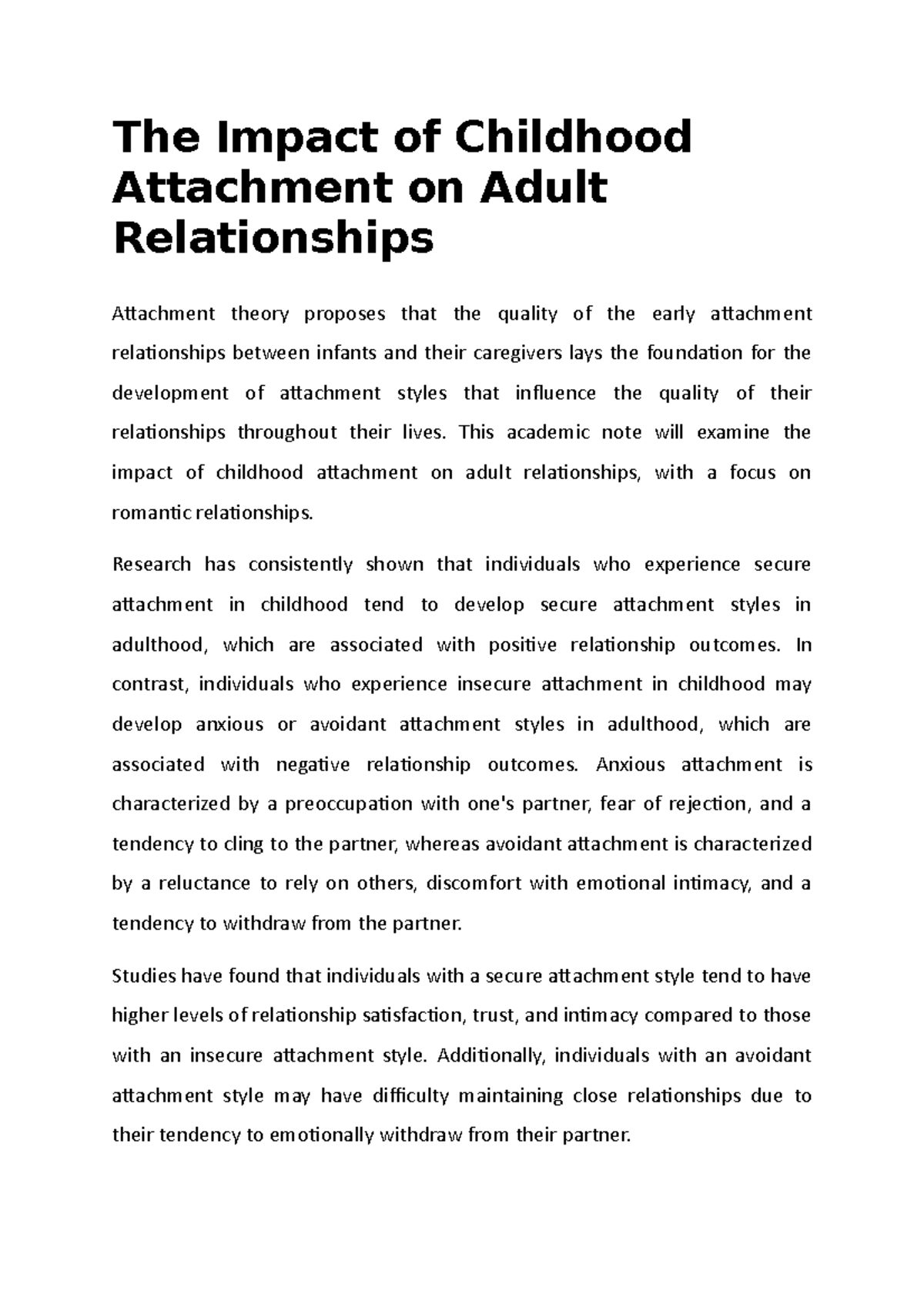 The Impact Of Childhood Attachment On Adult Relationships - The Impact ...