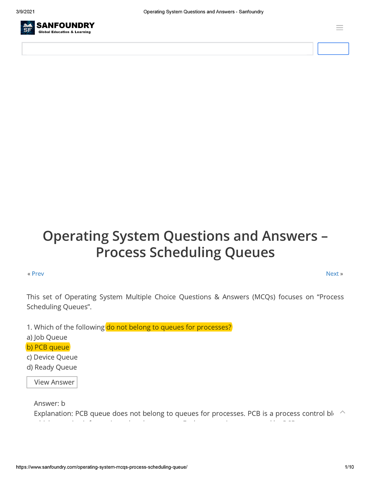 Operating System Questions And Answers - Sanfoundry - « Prev Next ...