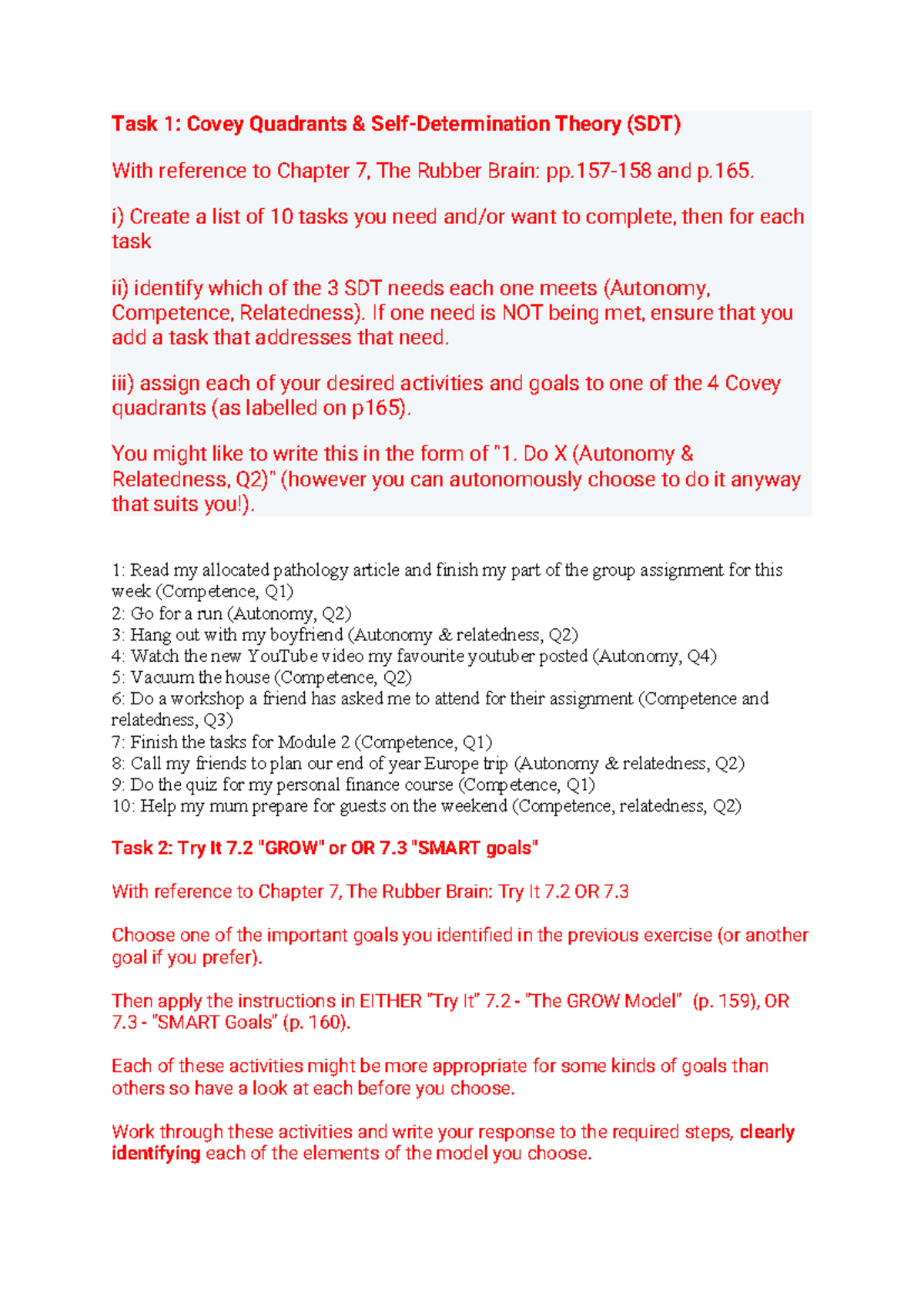 Psycology module 2 - Task 1: Covey Quadrants & Self-Determination ...