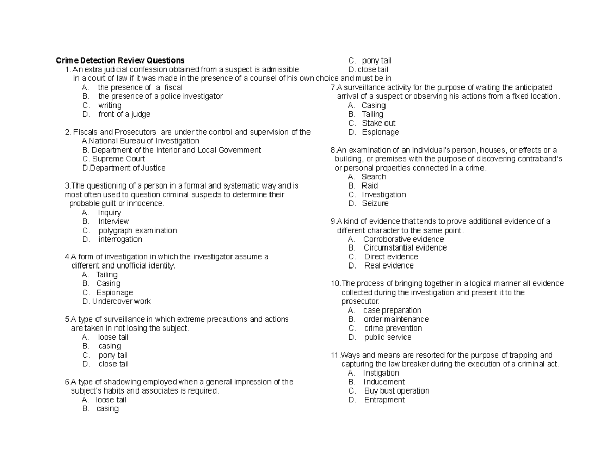 Crime Detection Review Questions - An extra judicial confession ...