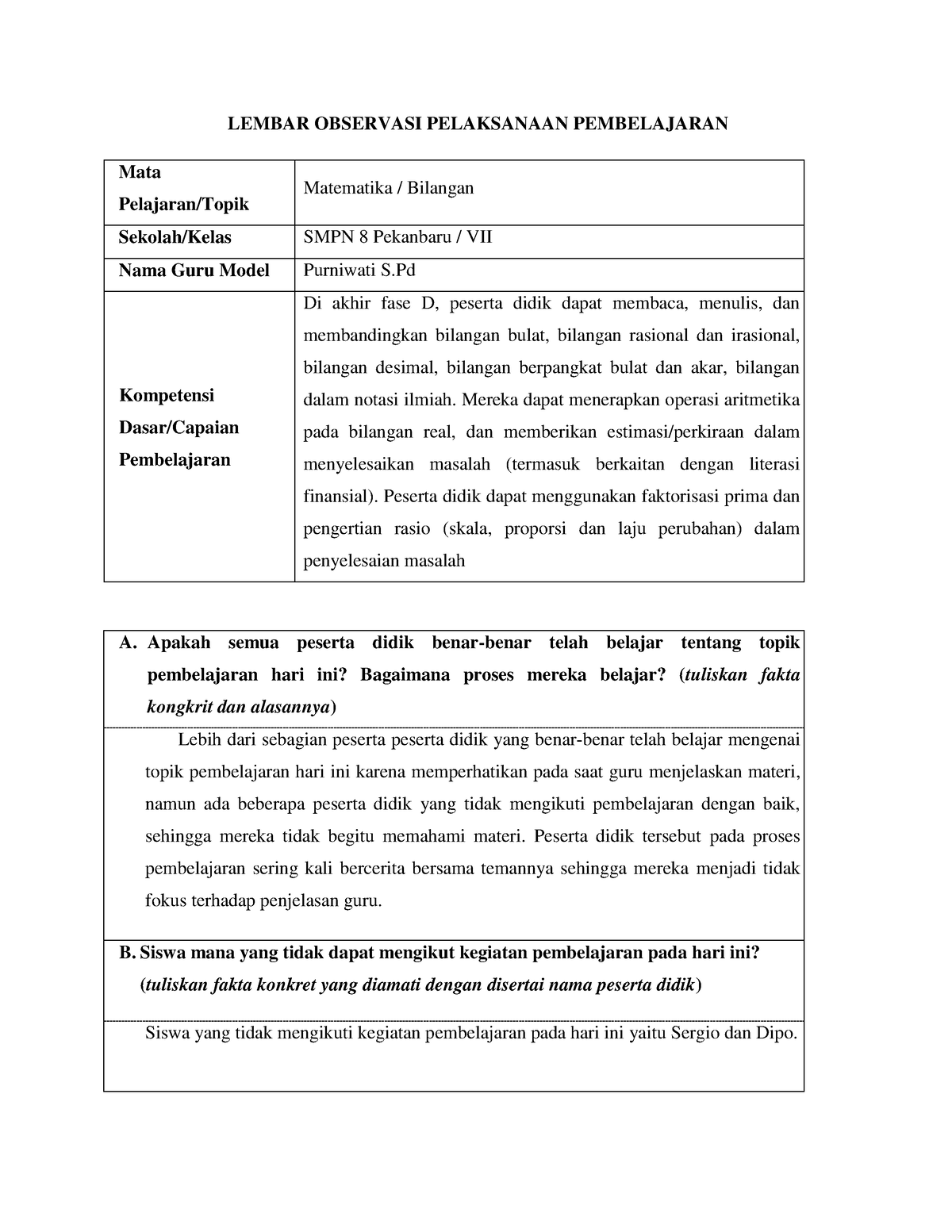 B3-6 Lembar Observasi Pelaksanaan Pembelajaran Ke 2- Dhea Ika Putri ...