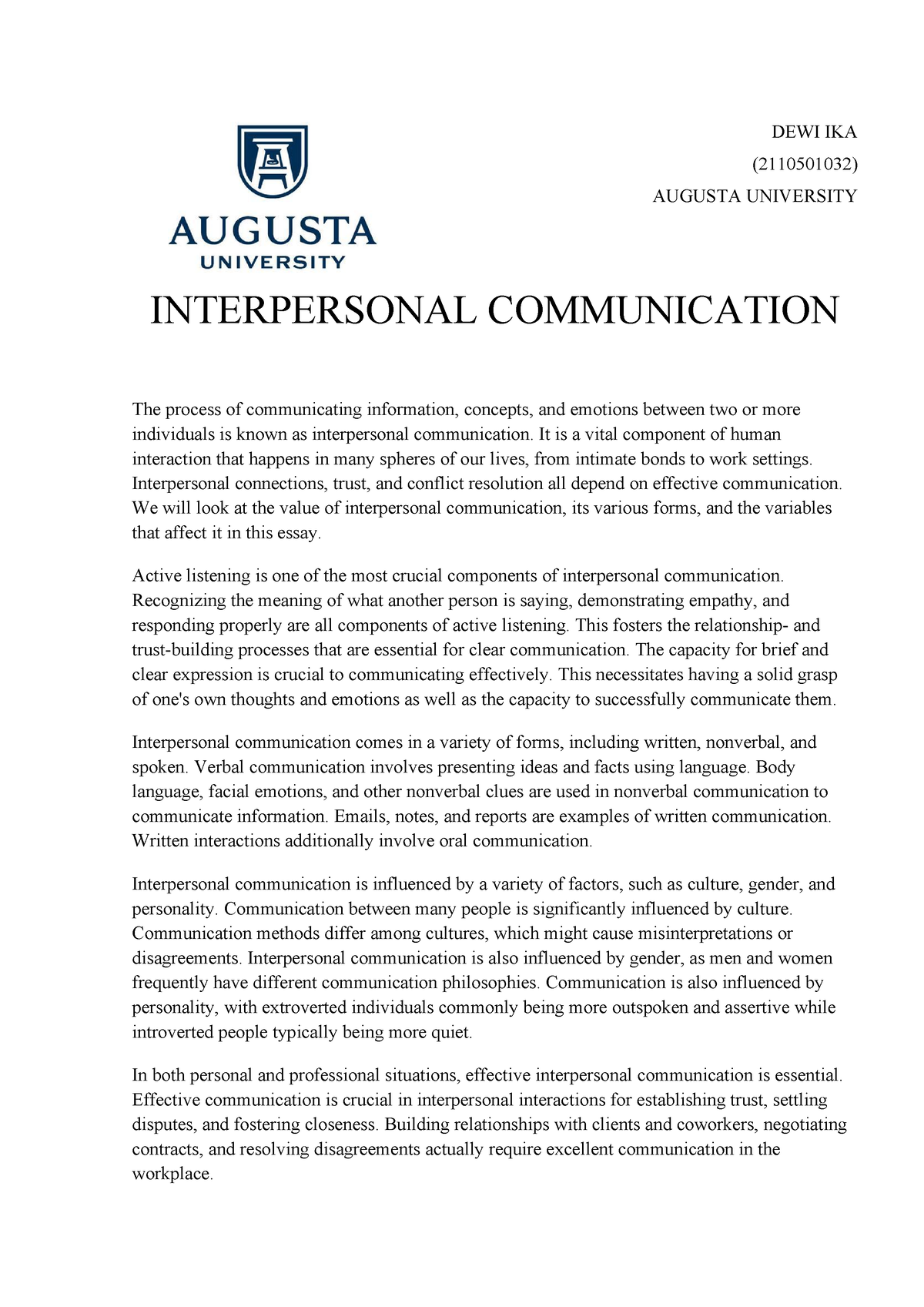 reflection essay on interpersonal communication