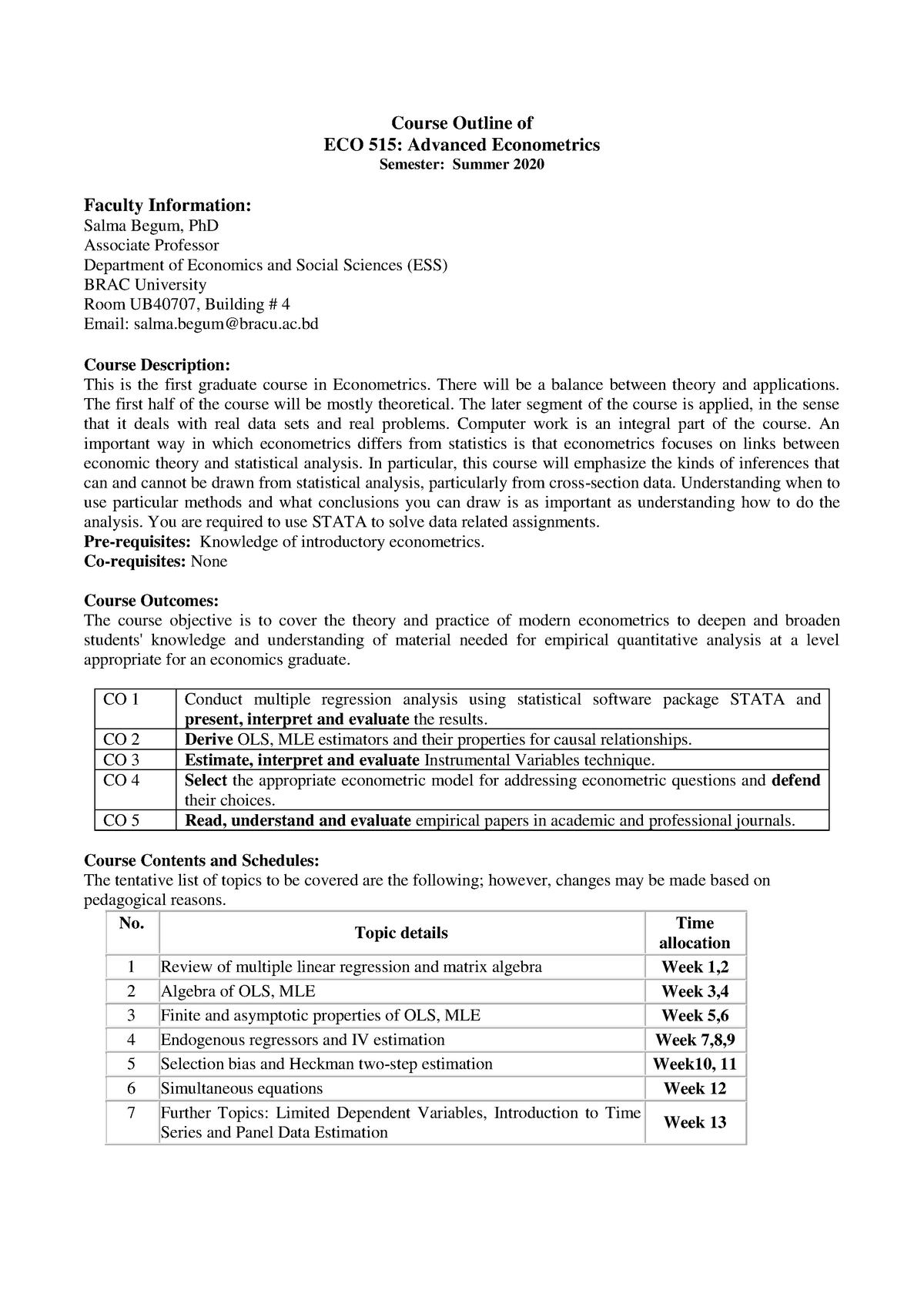 Course Outline of Econometrics 515 - Course Outline of ECO 515 ...