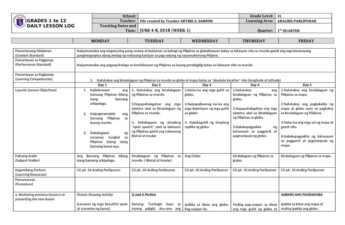 Dll Araling Panlipunan 6 Q1 W1 Grades 1 To 12 Daily Lesson Log School Grade Level Vi Teacher 3446