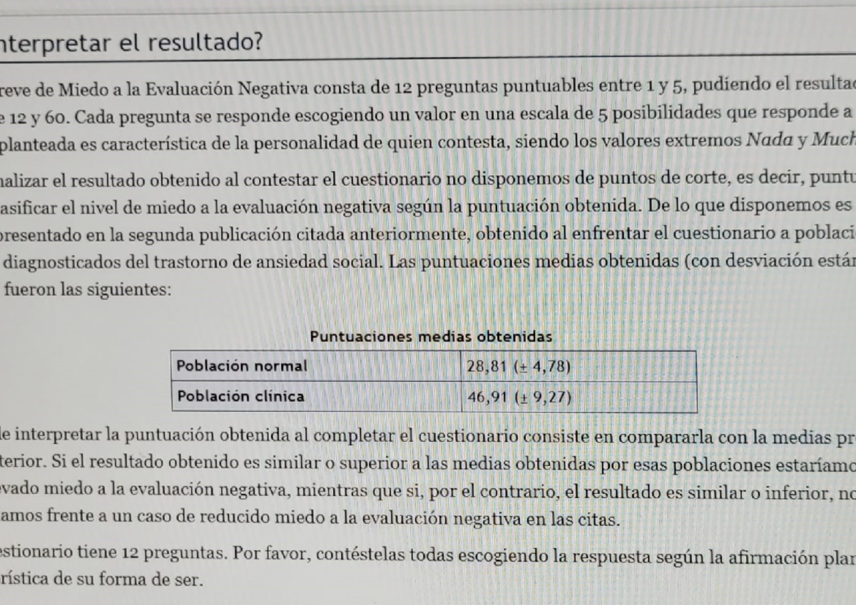 Escala Breve de Miedo a la Evaluación Negativa Corrección - Psicologia