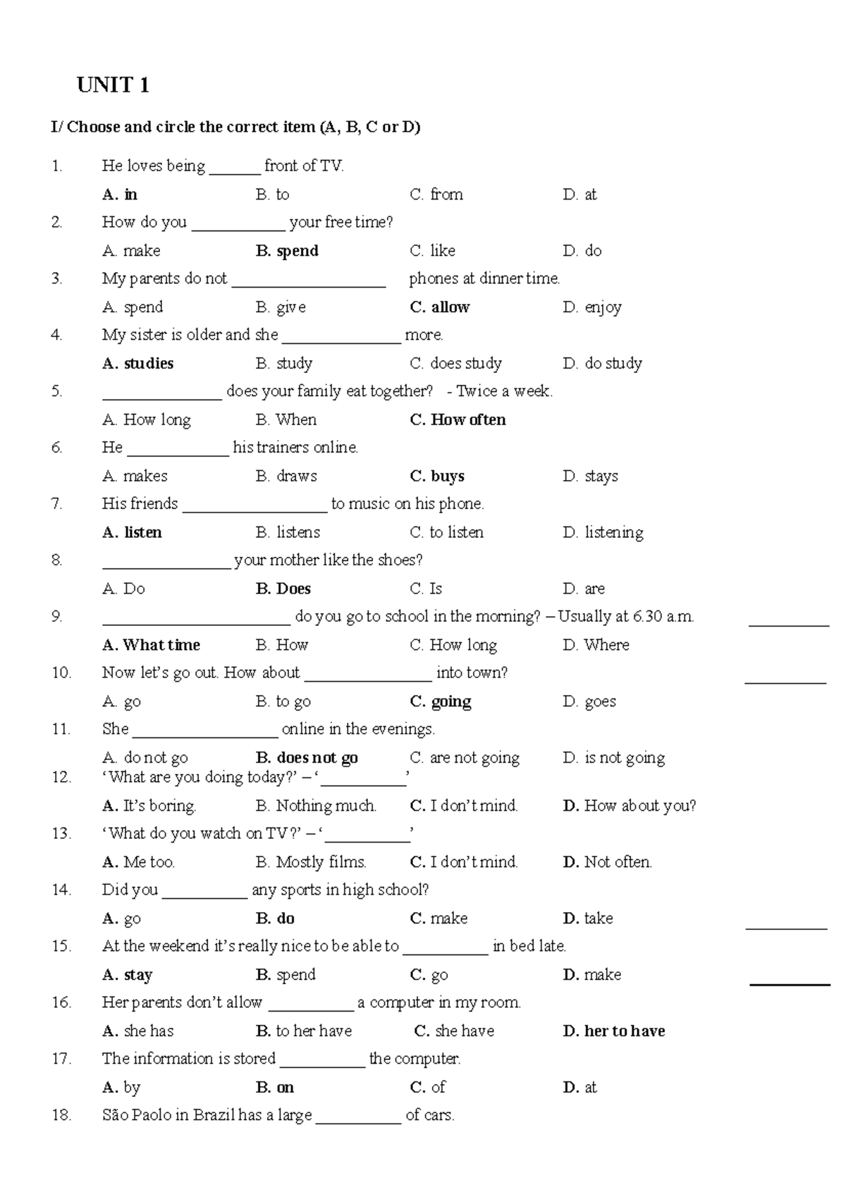 Fp 7 Unit 1 Tong Hop Bai Tap Key Unit 1 I Choose And Circle The Correct Item A B C Or D 6076