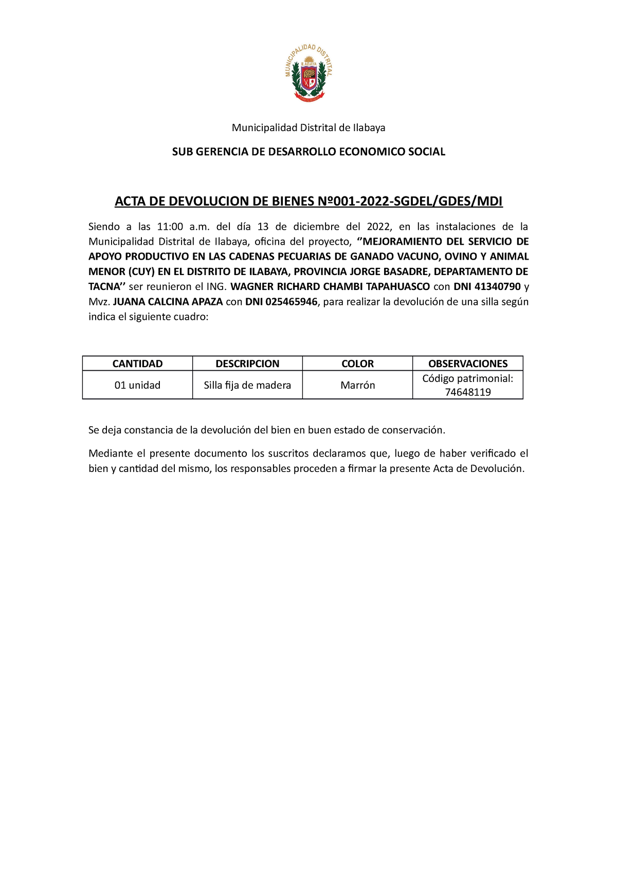 Acta De Devolucion Modelo De Acta De Devolución De Bienes Municipalidad Distrital De Ilabaya 9498