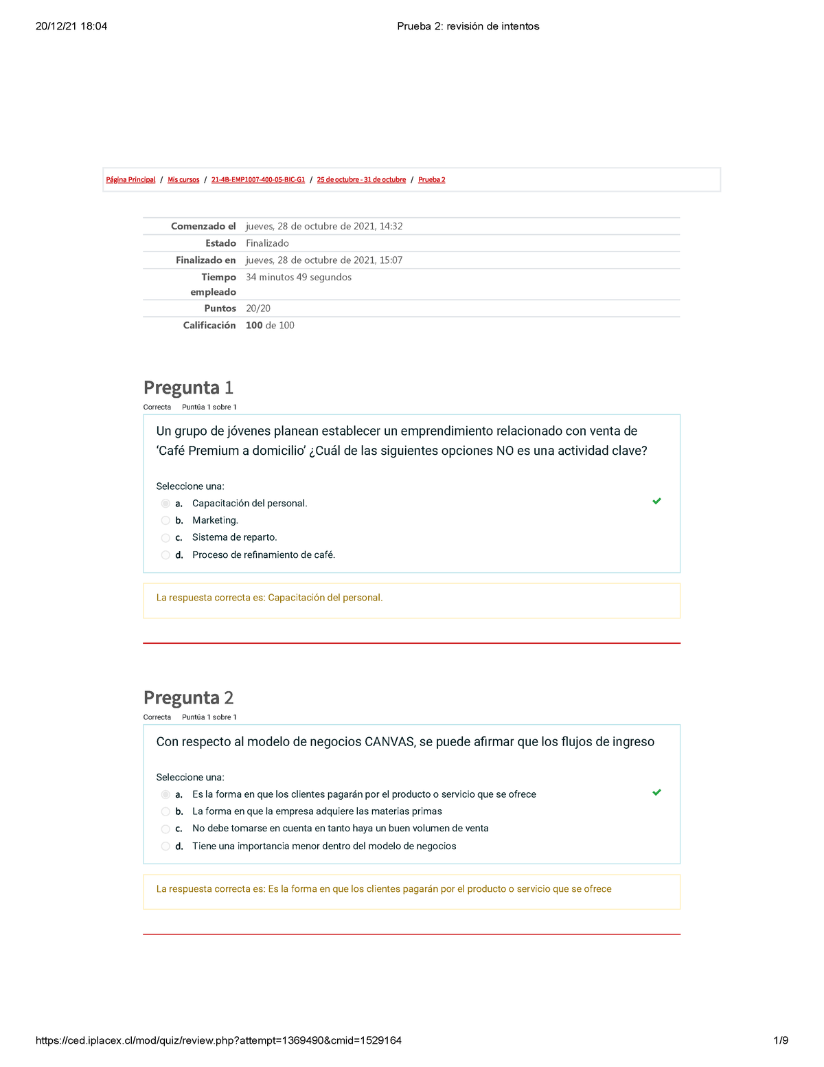 Prueba 2 Emprendimiento - Página Principal / Mis Cursos / 21-4B-EMP1007 ...