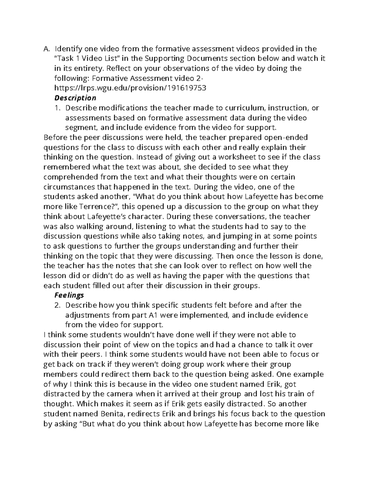 Differentiating Instruction A. Identify one video from the formative assessment videos