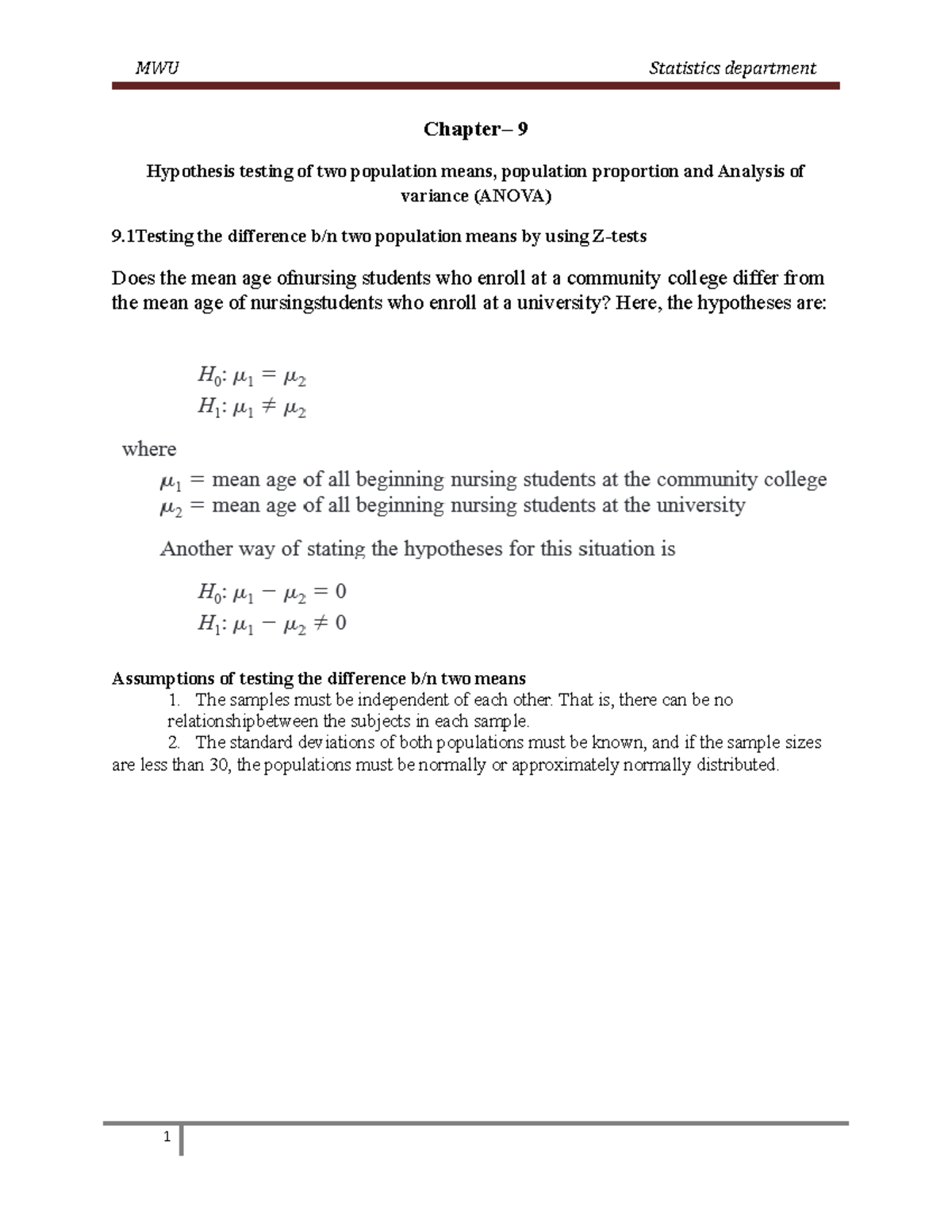 Chapter 9 two mean test and Anova - Chapter– 9 Hypothesis testing of ...