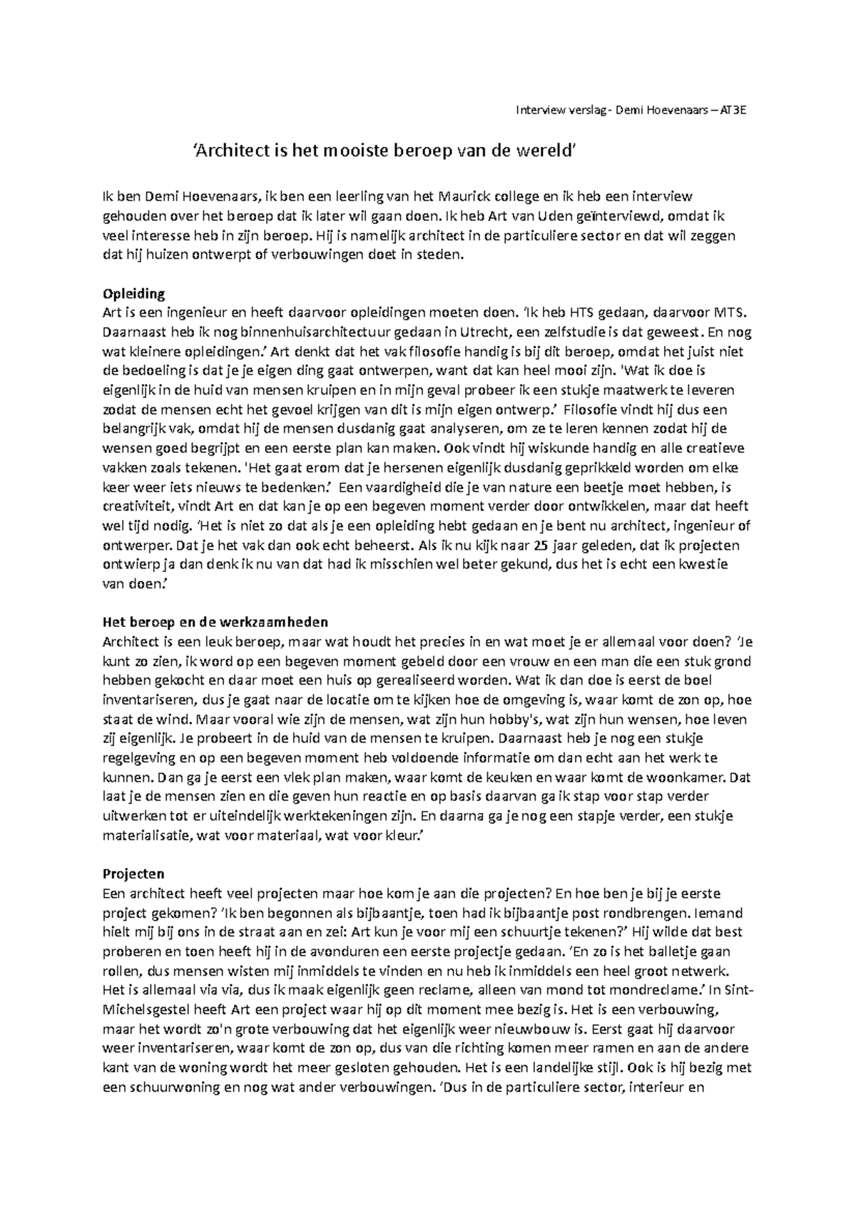 Kopie van interview verslag - Interview verslag - Demi Hoevenaars ...