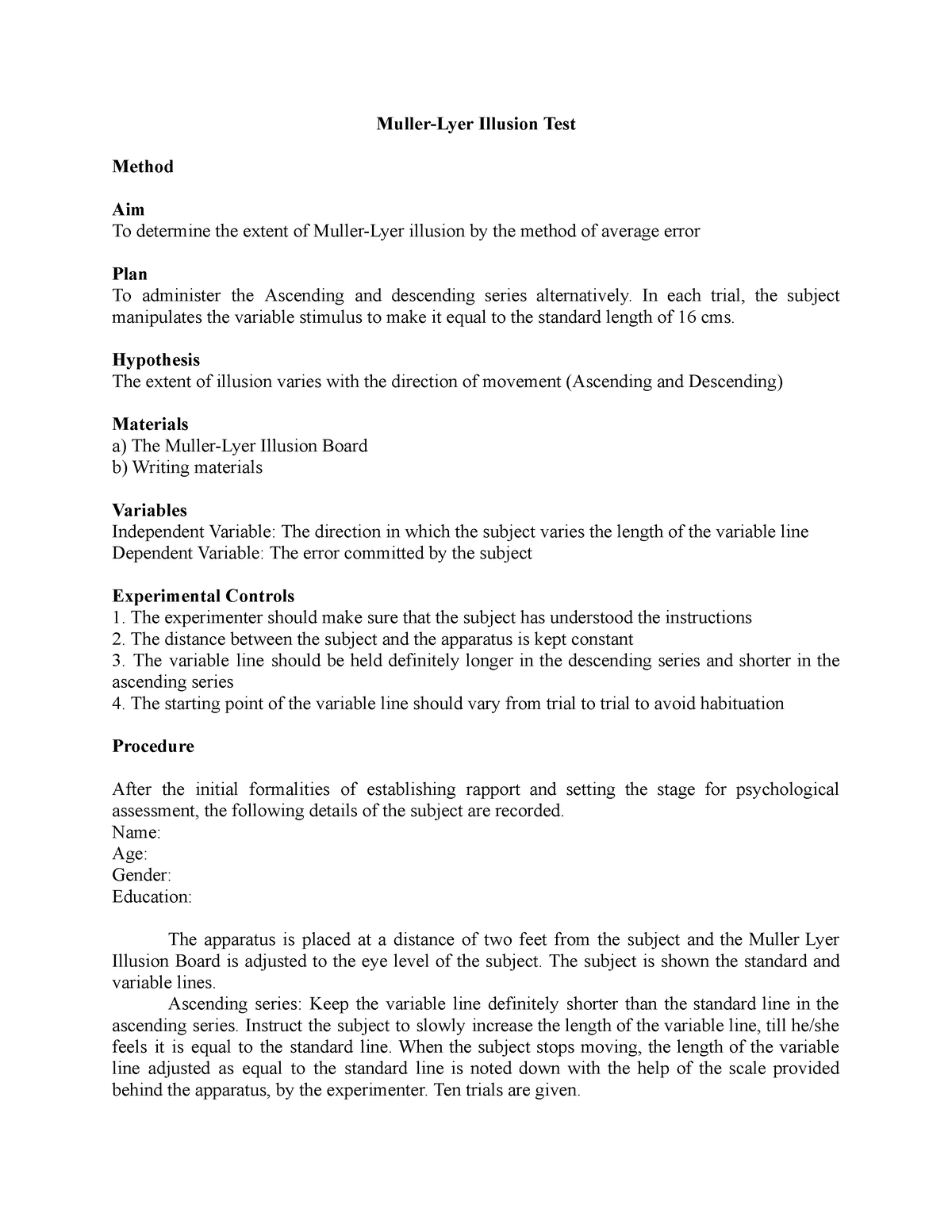 Muller-Lyer 2023.docx - Muller-Lyer Illusion Test Method Aim To ...