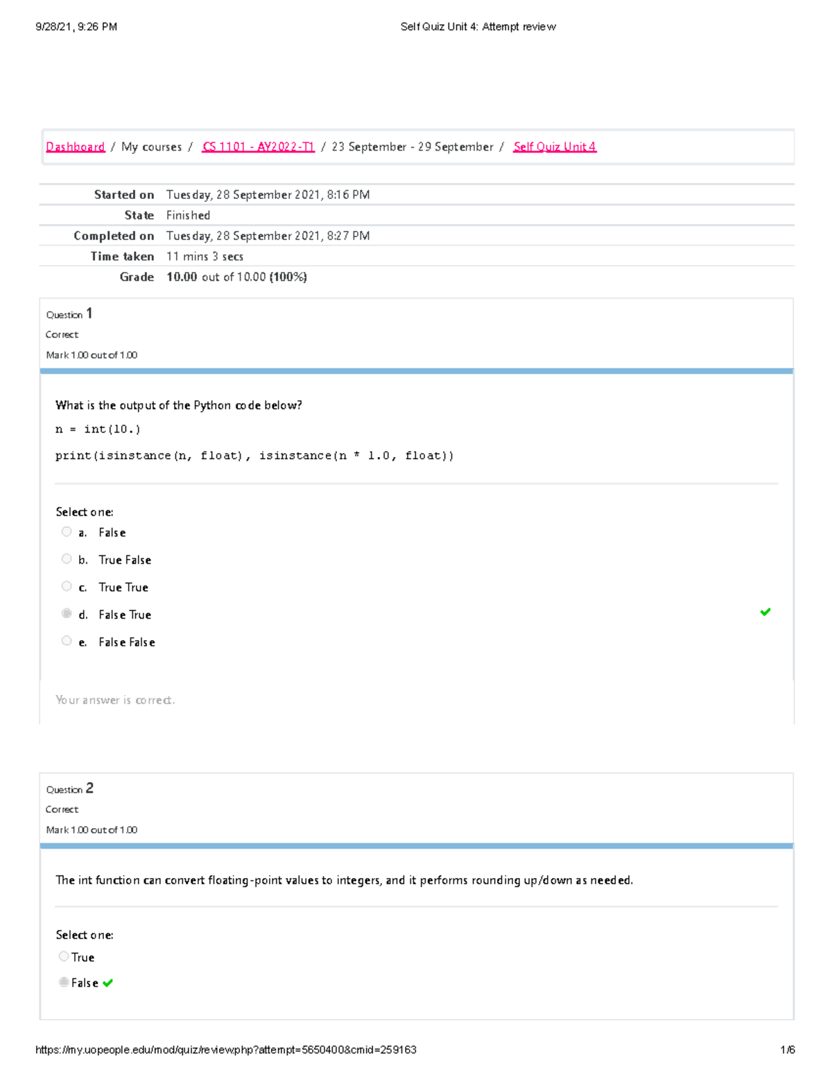 Self Quiz Unit 4 Attempt review - Started on Tuesday, 28 September 2021 ...