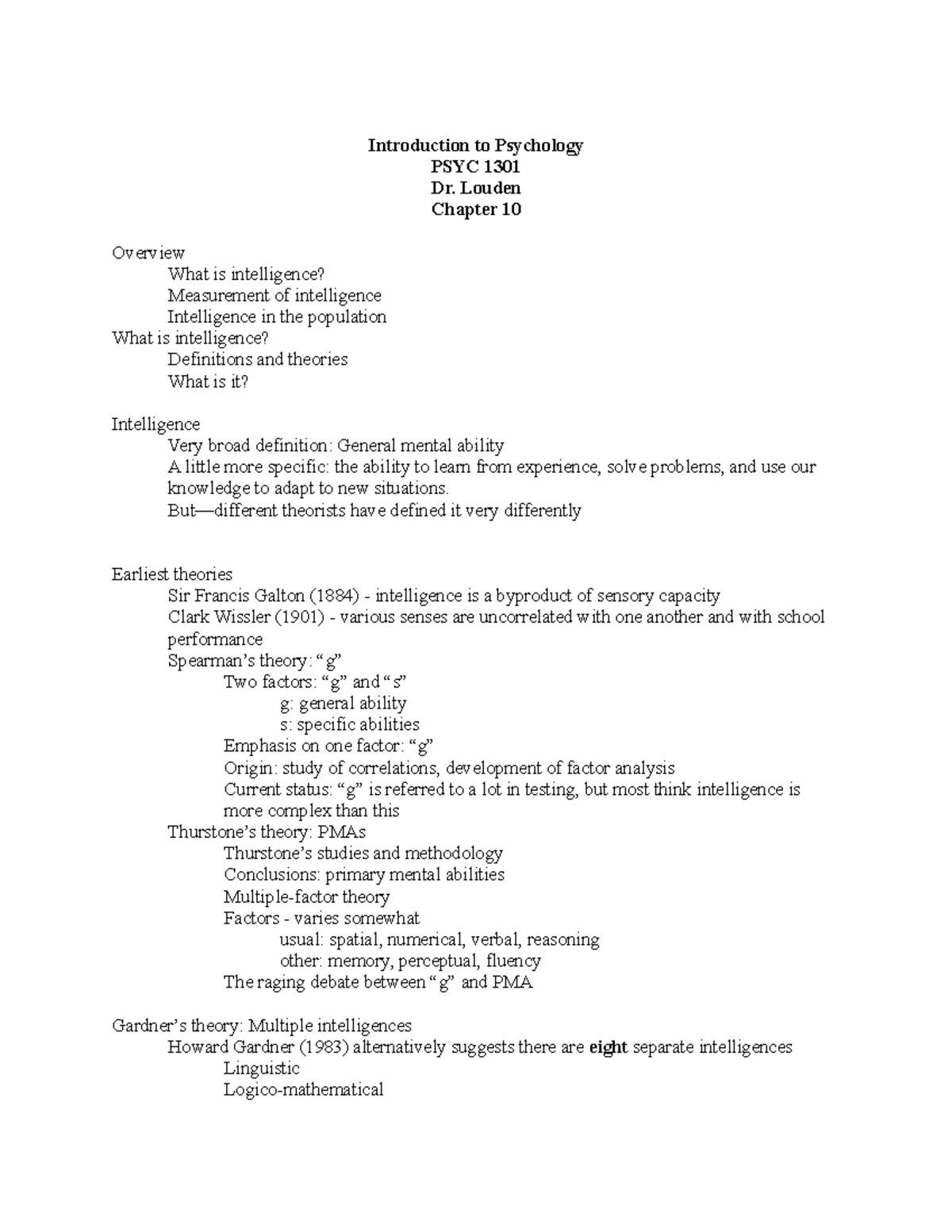 Chapter 10: Intelligence - Introduction to Psychology PSYC 1301 Dr ...