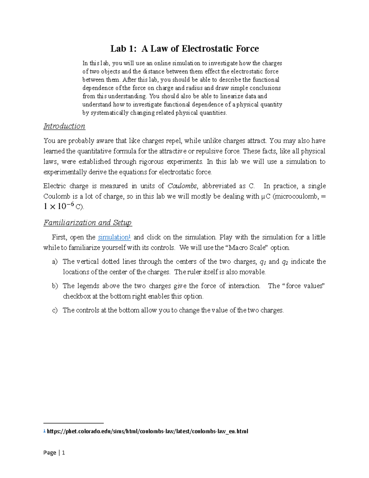2022W 136-2 01 Coulomb (1) - Lab 1: A Law of Electrostatic Force In ...