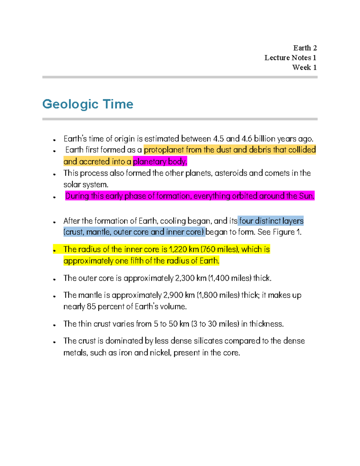 Earth 2 Lecture Notes 1 - Earth first formed as a protoplanet from the ...