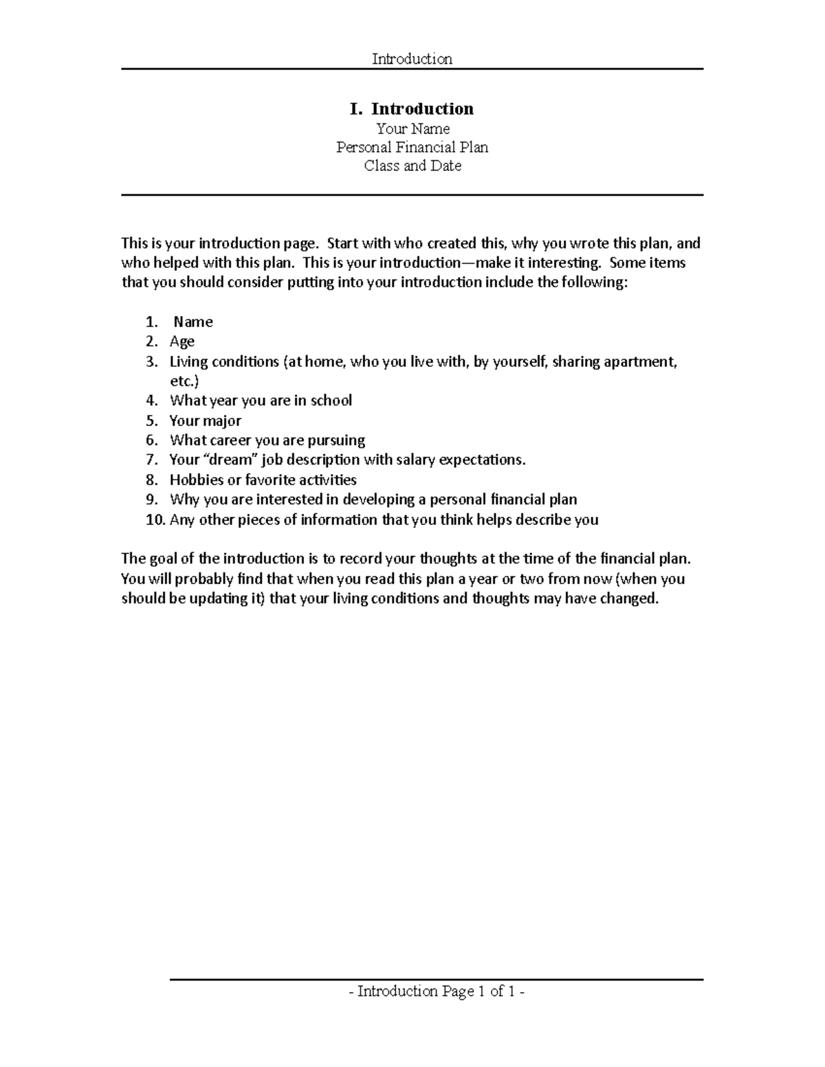 Assignment - Introduction template for personal financial plan ...