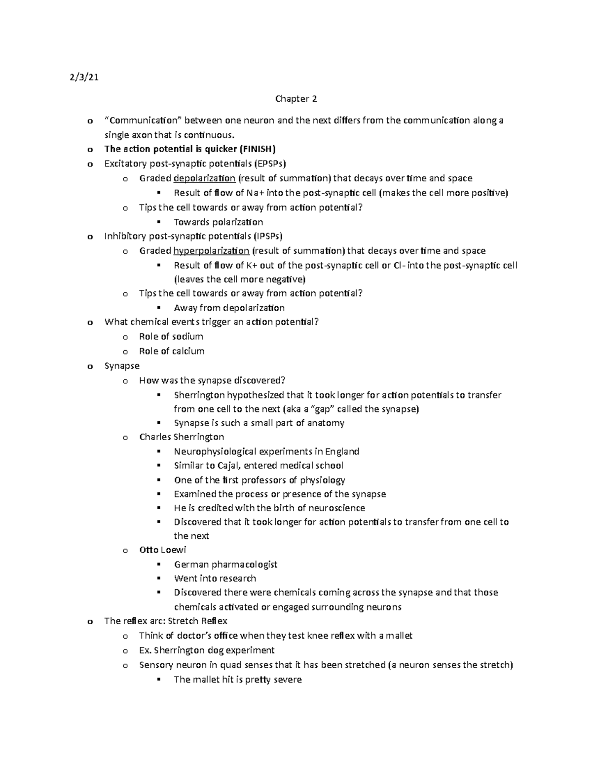 Biopsych ch. 2 - Lecture notes 2 - 2/3/ Chapter 2 o “Communication ...