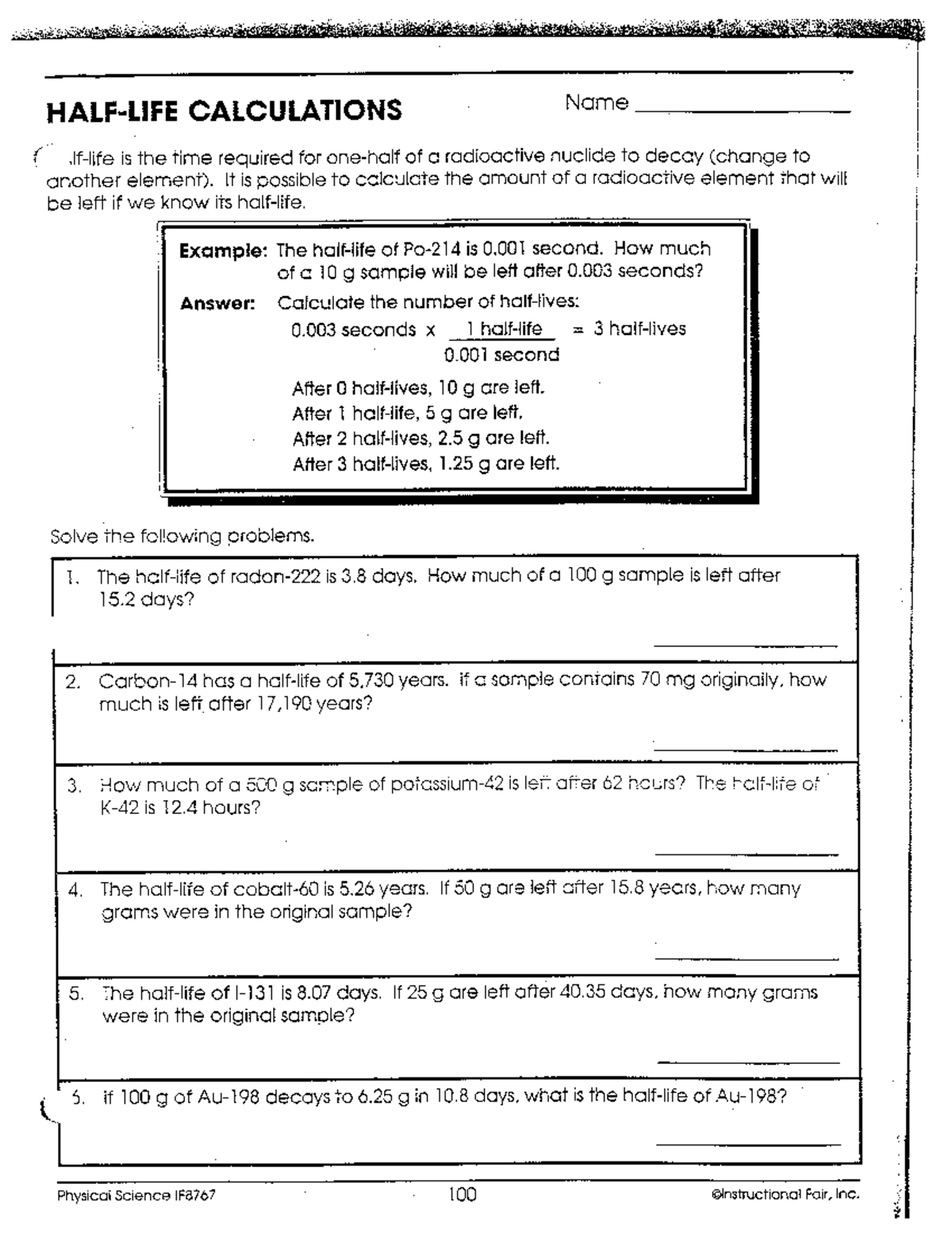 Half life practice worksheets 1 Studocu