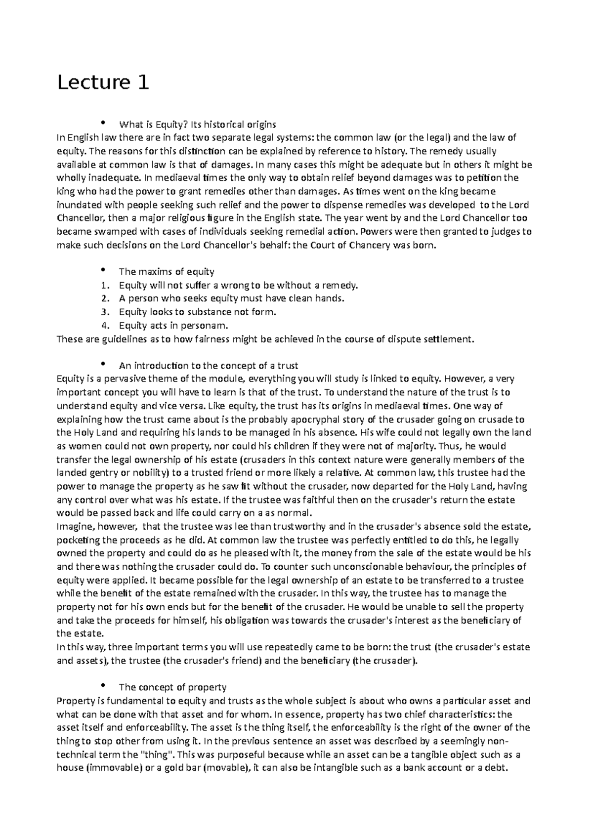 Lecture 1 - Introduction to Equity and Trust law - Lecture 1 What is ...