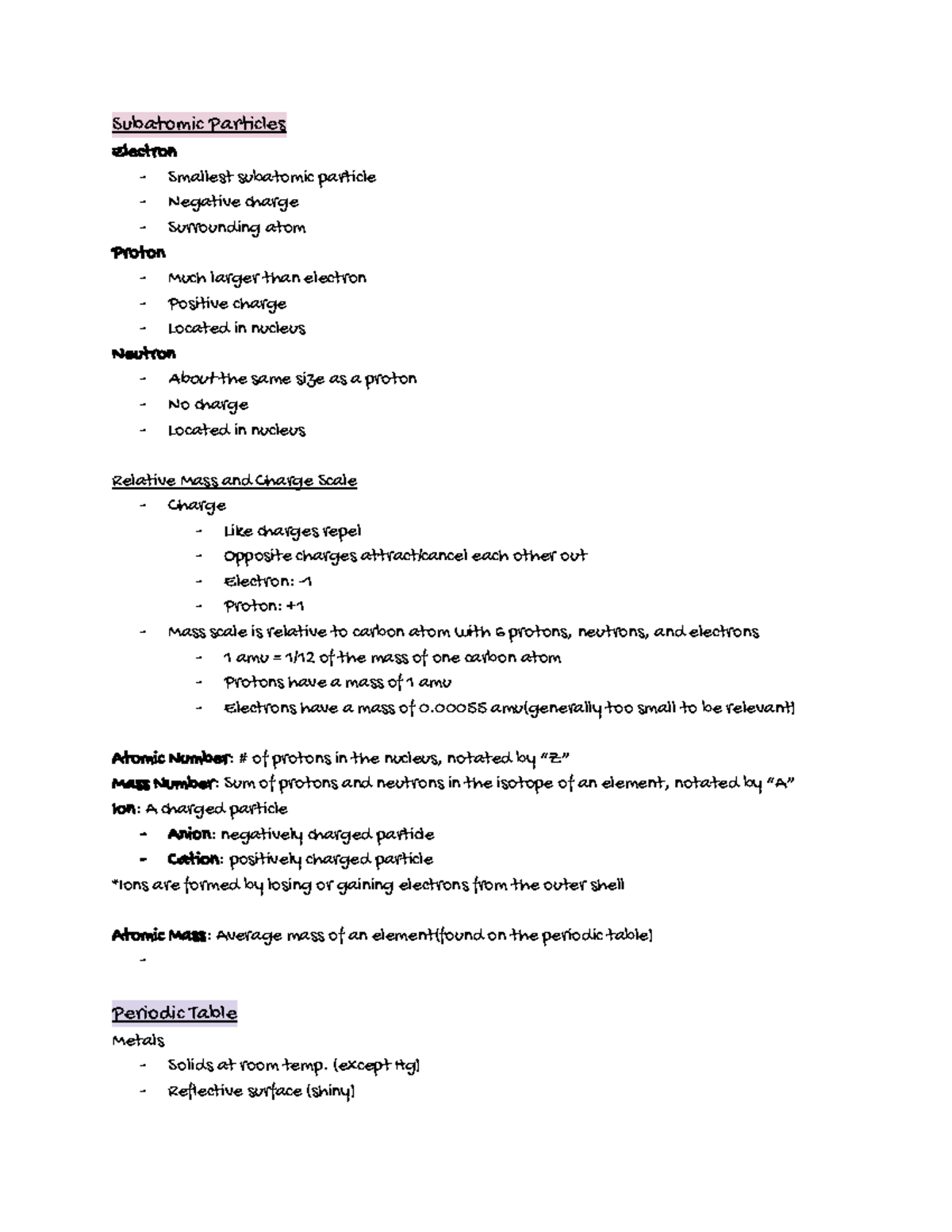 Chapter 2 Notes - Subatomic Particles Electron - Smallest subatomic ...