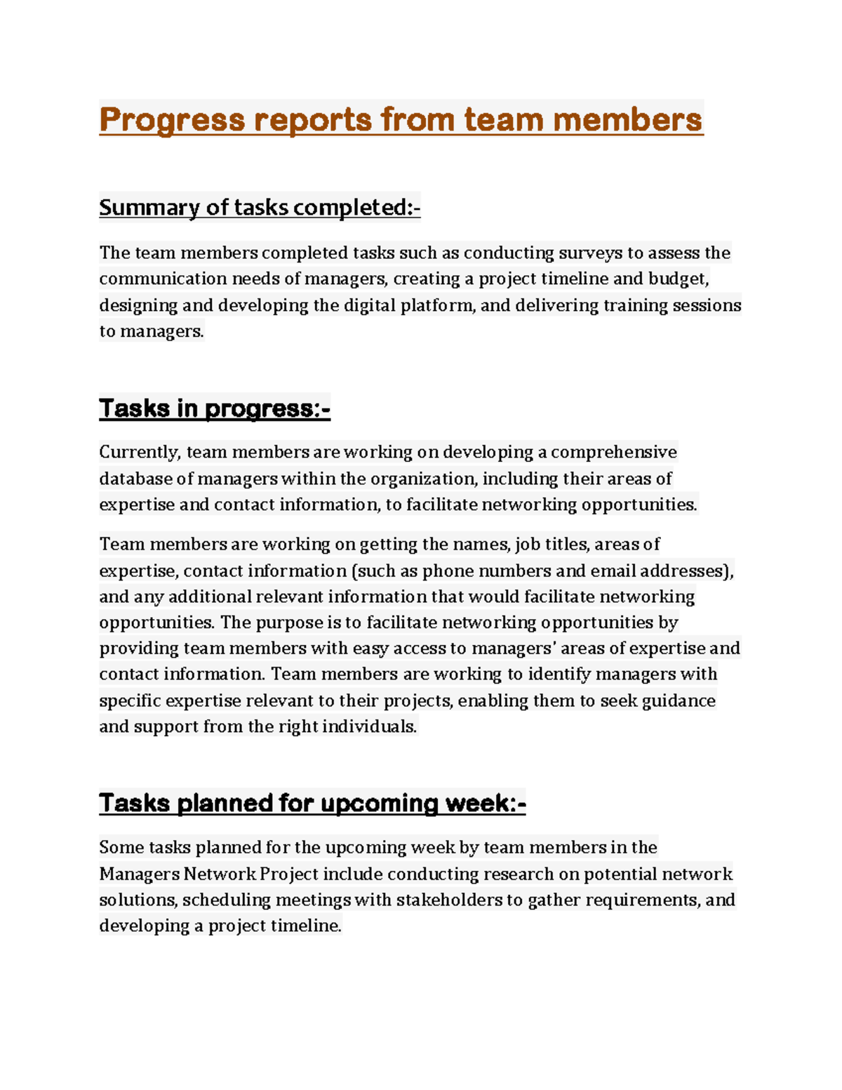 Progress reports from team members - Progress reports from team members ...