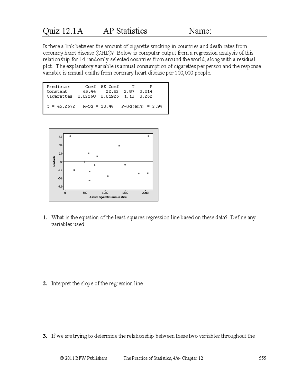 Chapter 12 Practice Test 1 - © 2011 BFW Publishers The Practice Of ...