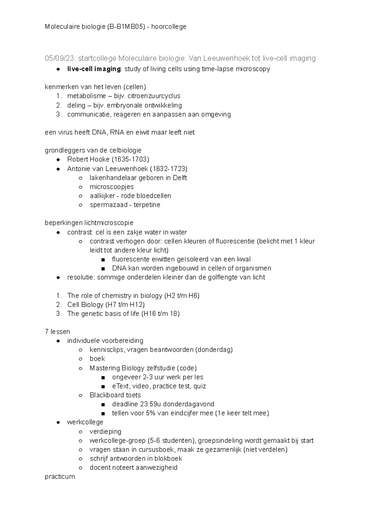 Moleculaire Biologie (B-B1MB05) - Hoorcollege - Deeltoets 1 ...