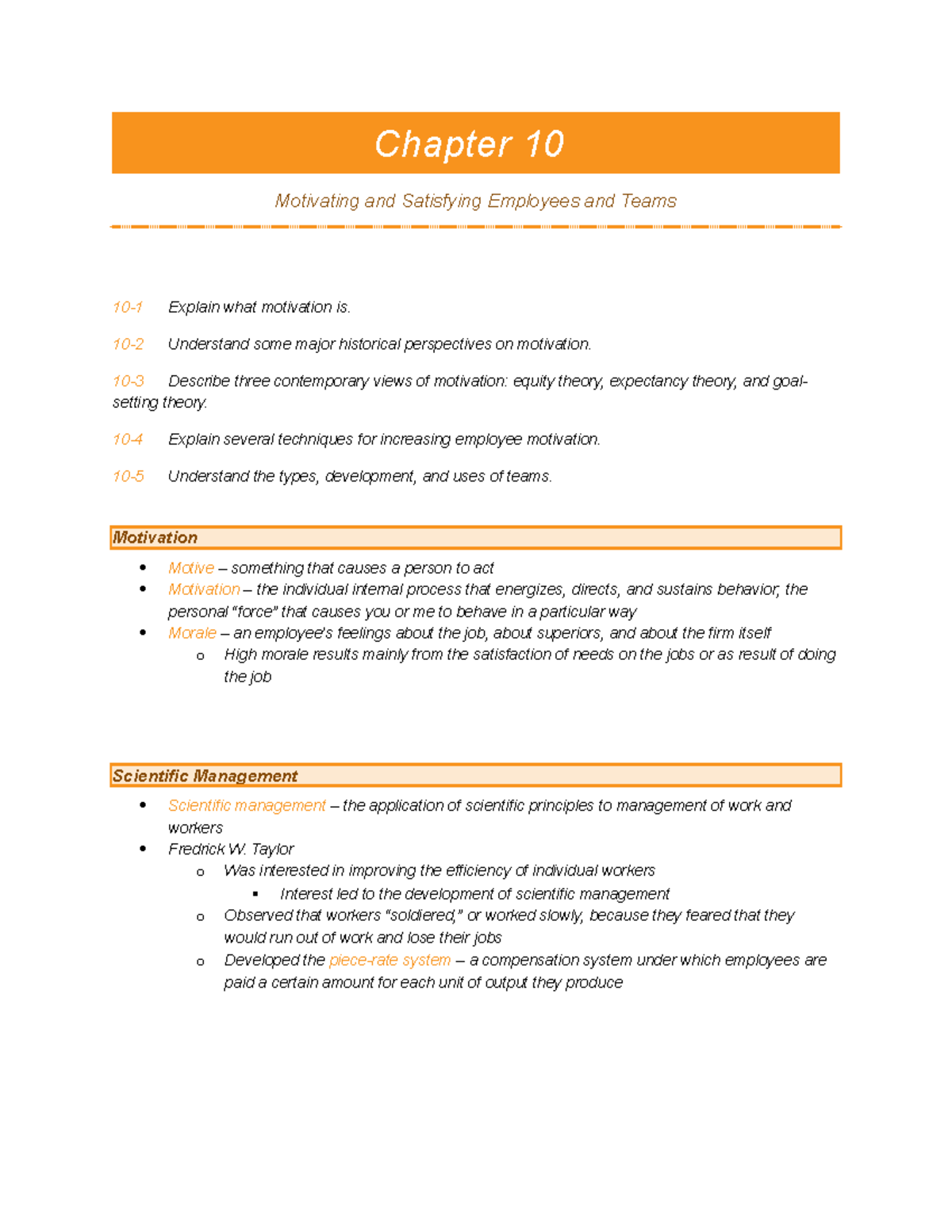 Intro to American Business - Chapter 10 Notes - Chapter 10 Motivating ...