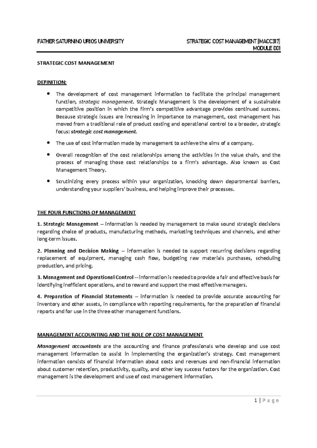 01 Lesson 1 - MACC317 - Lecture notes 1 - MODULE 001 STRATEGIC COST ...