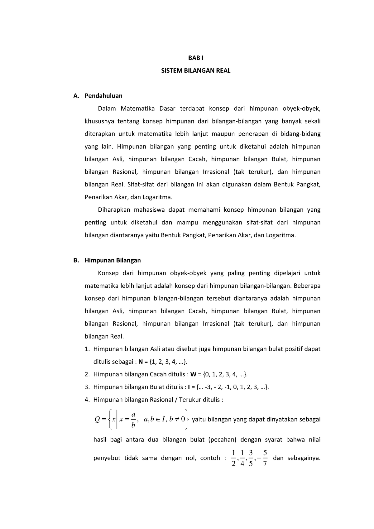 Catatan Matematika Dasar Bagian 1 - BAB I SISTEM BILANGAN REAL A ...