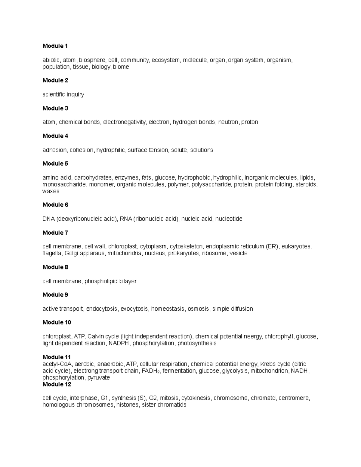 Key Terms for Biology - Copy - Module 1 abiotic, atom, biosphere, cell ...