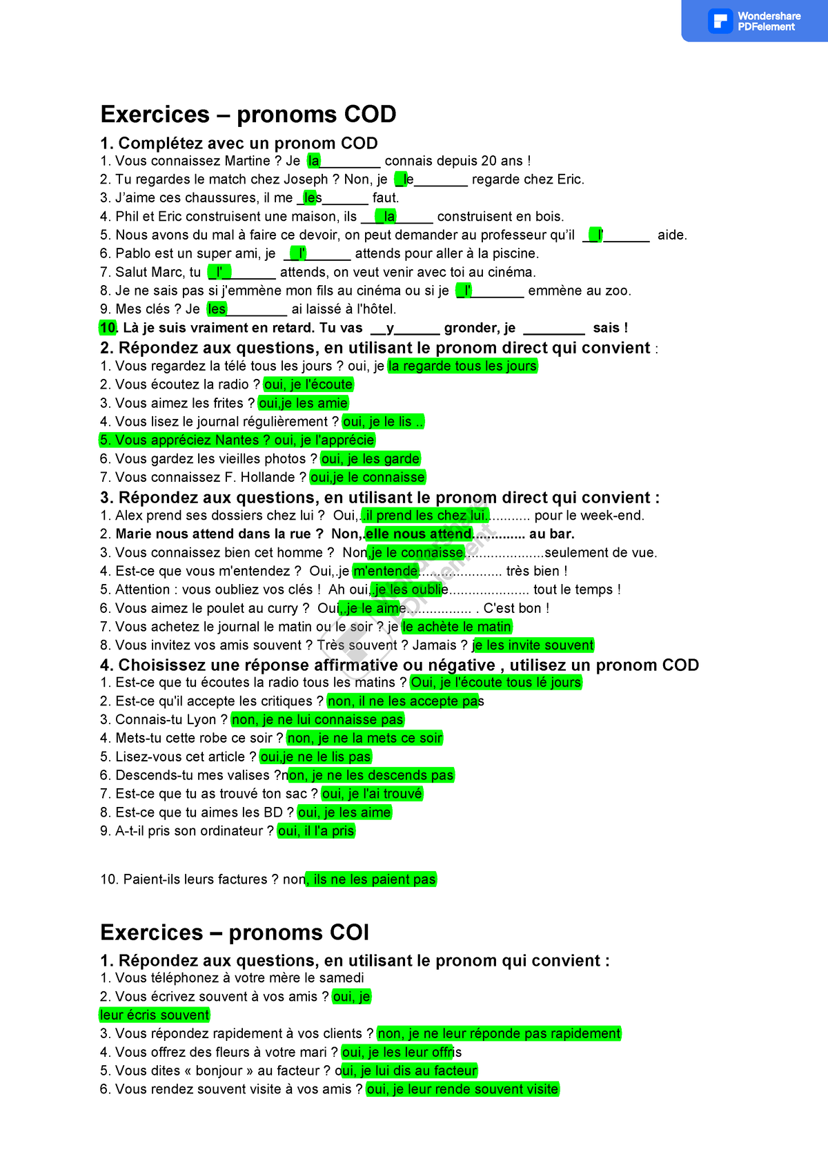 Exercices Pronoms Cod Et Coi Exercices Pronoms Cod Compl Tez Avec Un Pronom Cod Vous