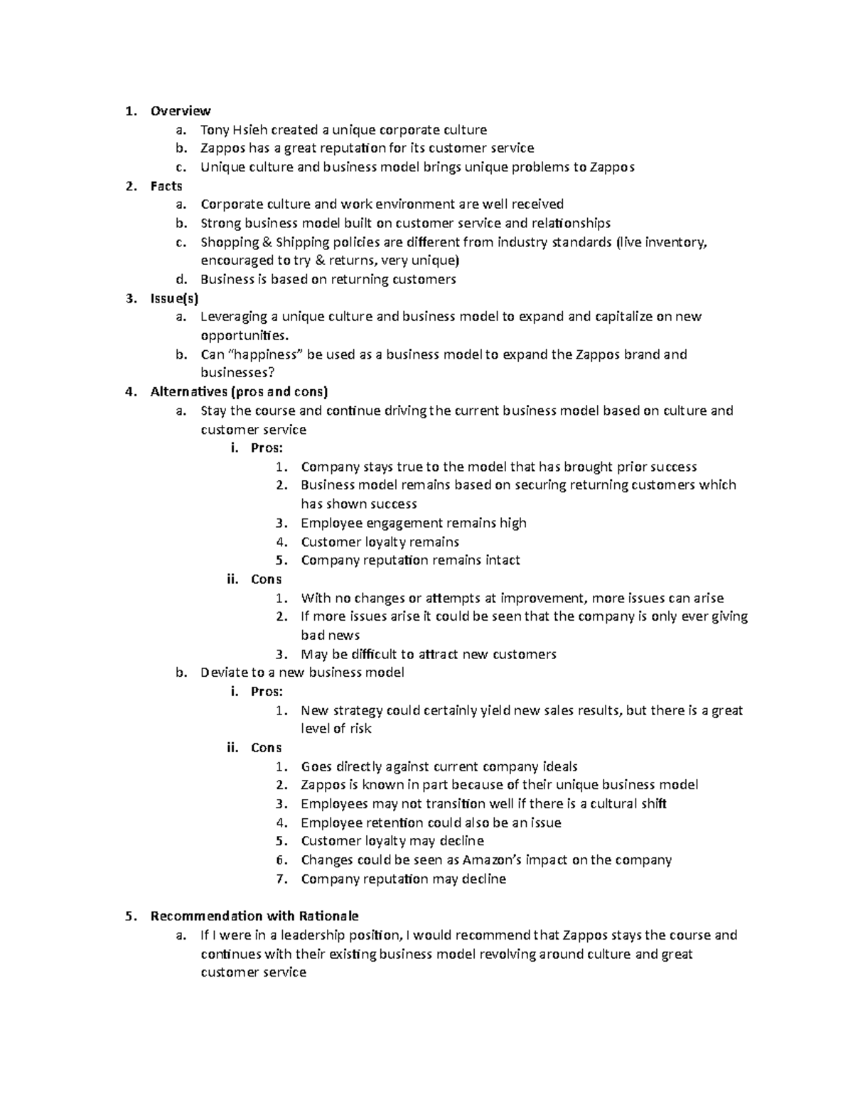 Case1-Zappos - Case study - Overview a. Tony Hsieh created a unique ...