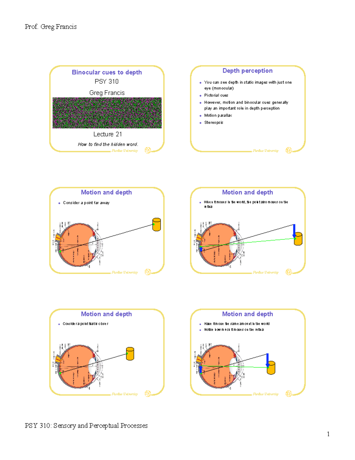 Lecture slides, lecture 21 Prof. Greg Francis Depth perception