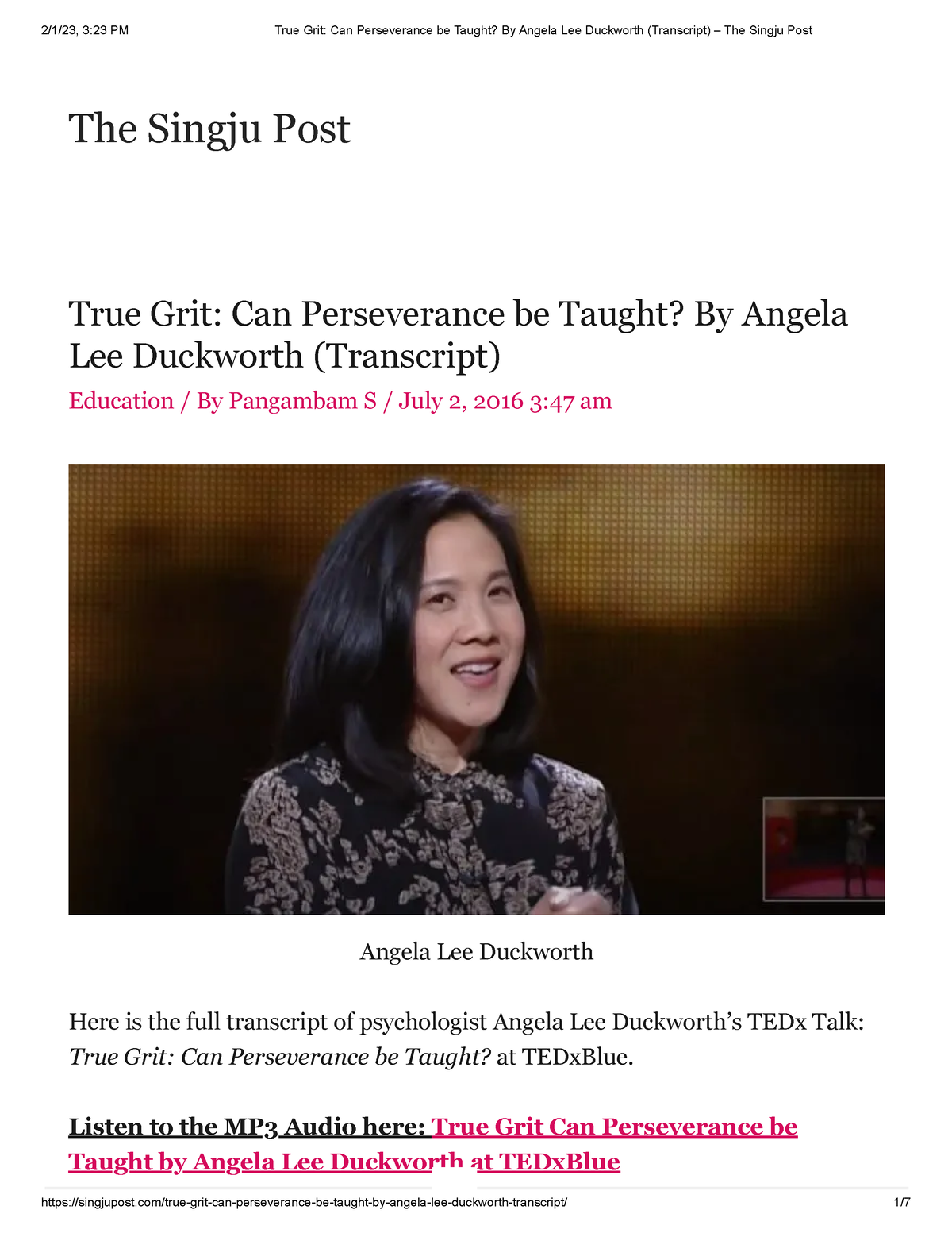 True Grit Can Perseverance be Taught By Angela Lee Duckworth (Transcript) –  The Singju Post - Studocu