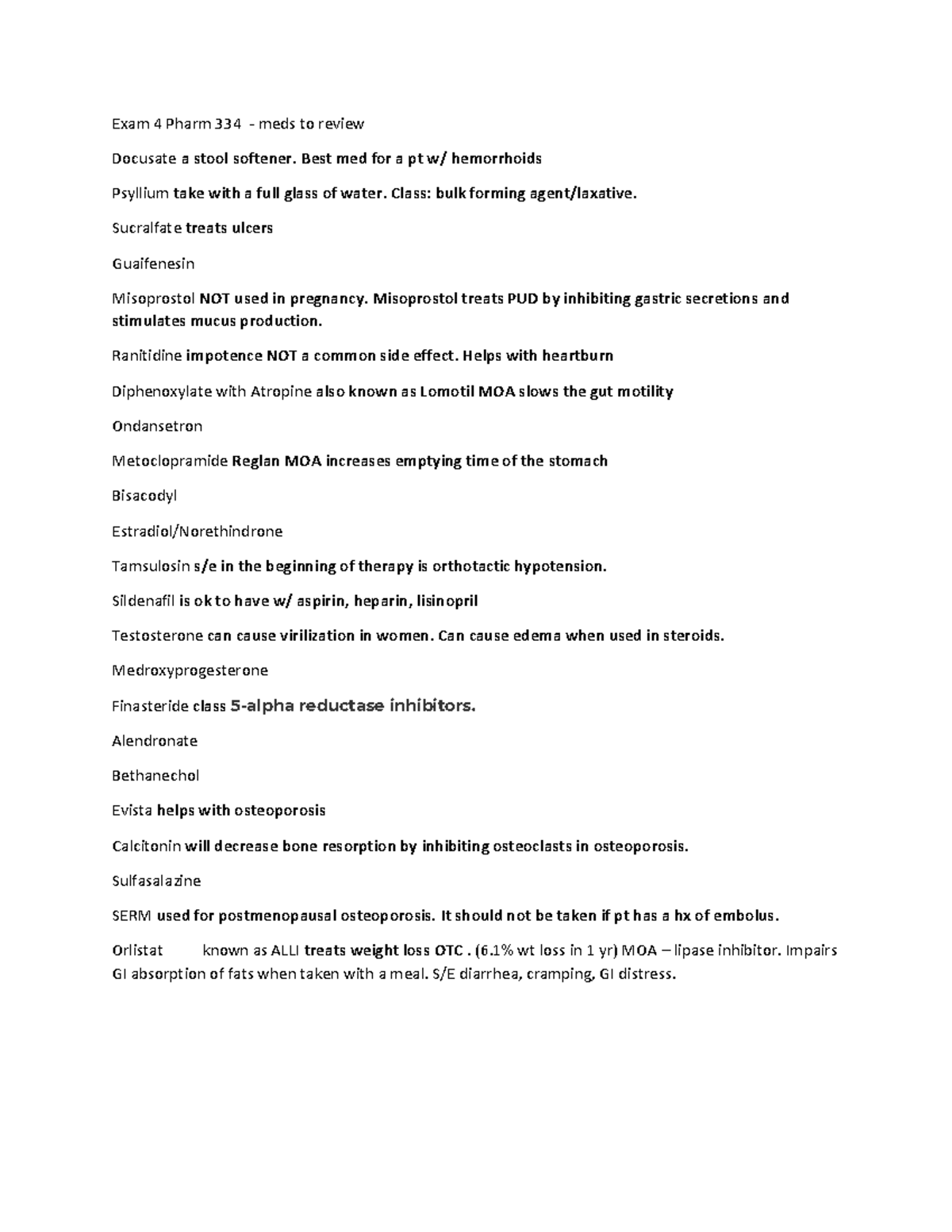 Exam 4 Pharm 334 - exam 4 - Exam 4 Pharm 334 - meds to review Docusate ...