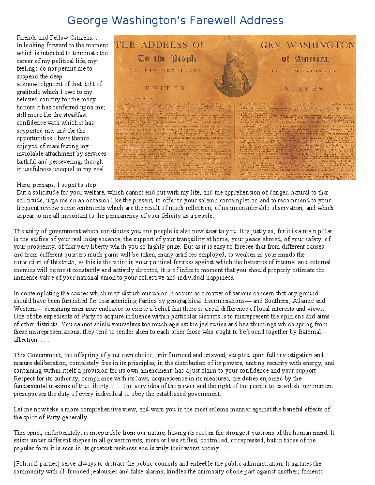 Washington Farewell Address and Questions Washington’s Farewell Address Friends and