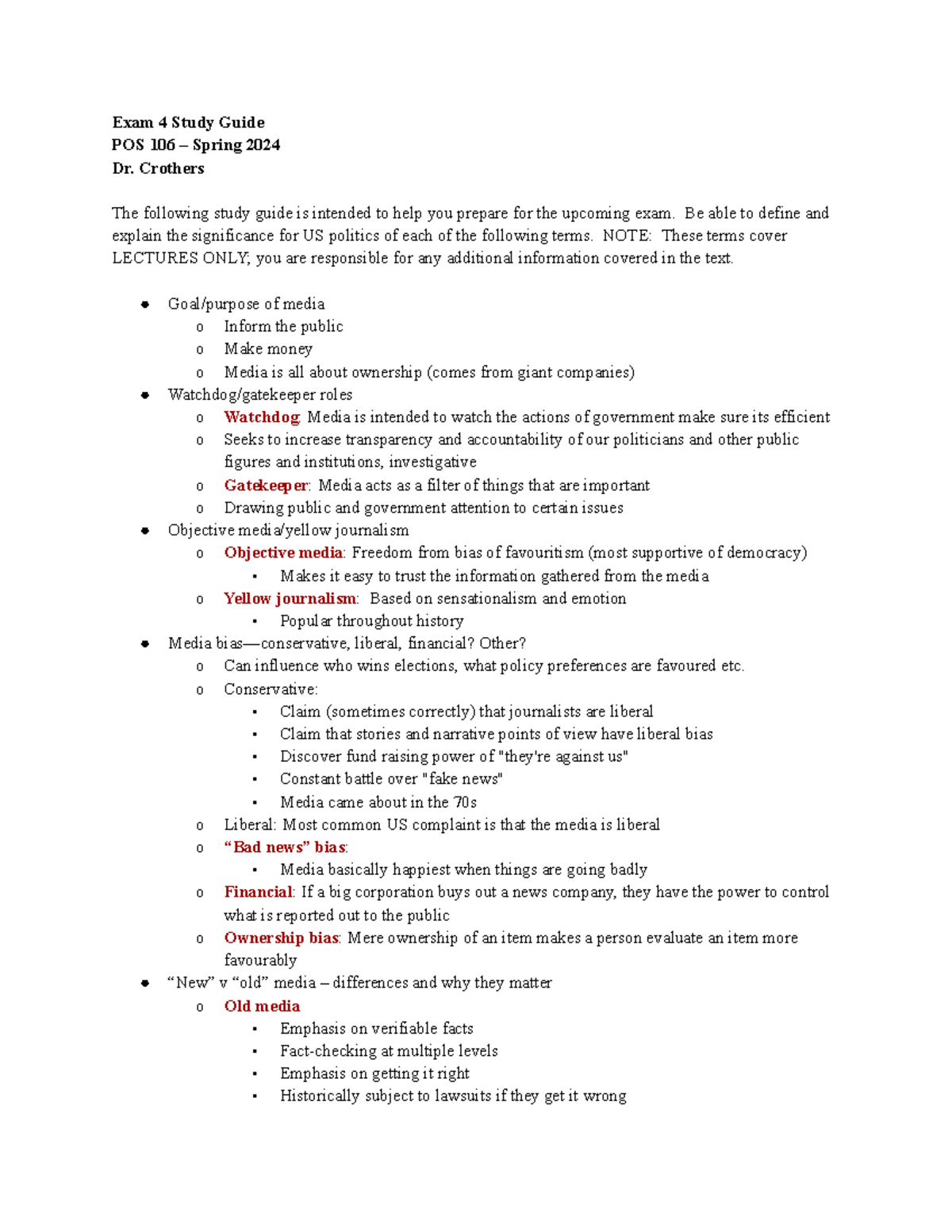 Exam 4 Study Guide Spring 2024 - Exam 4 Study Guide POS 106 – Spring ...