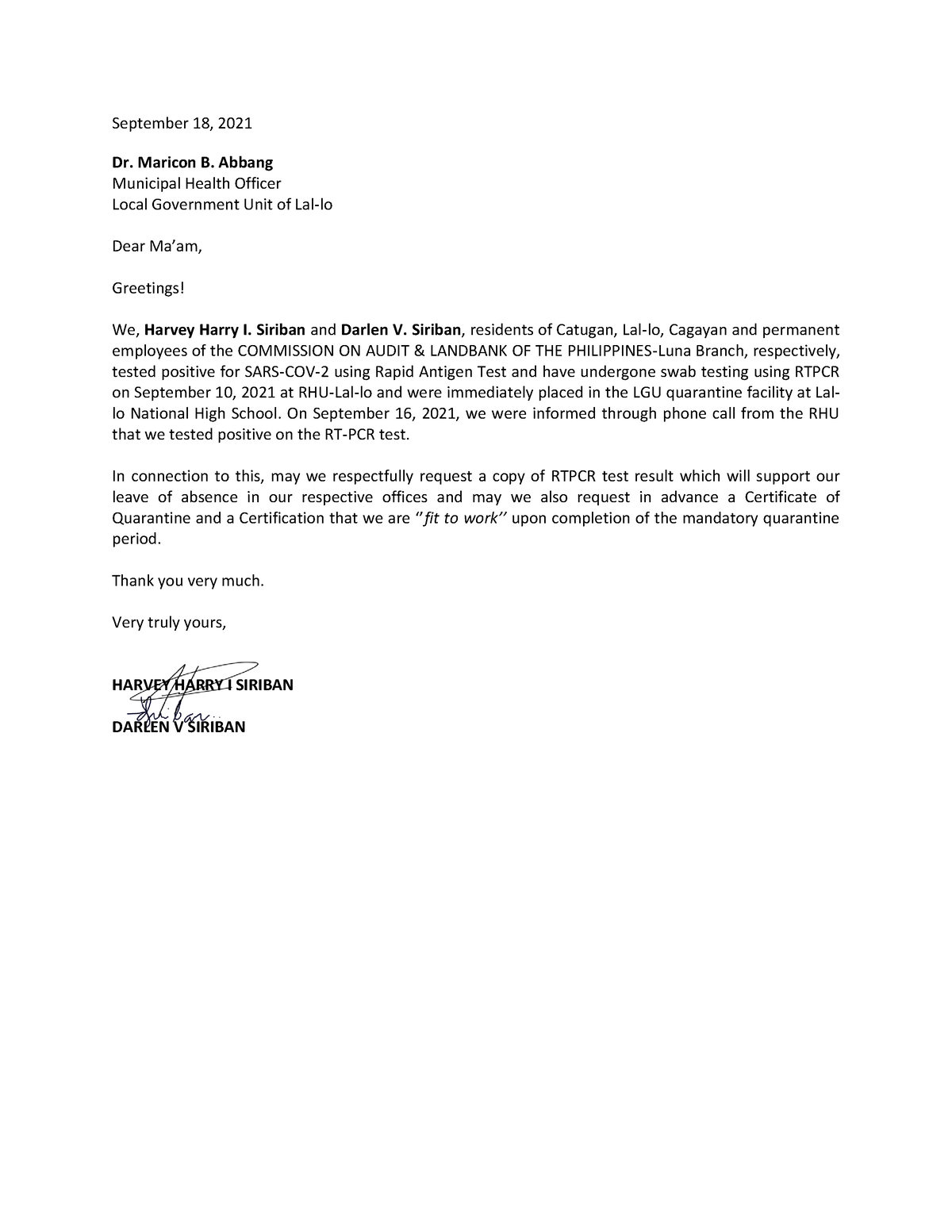 Letter request to RHU-2 - September 1 8 , 2021 Dr. Maricon B. Abbang ...