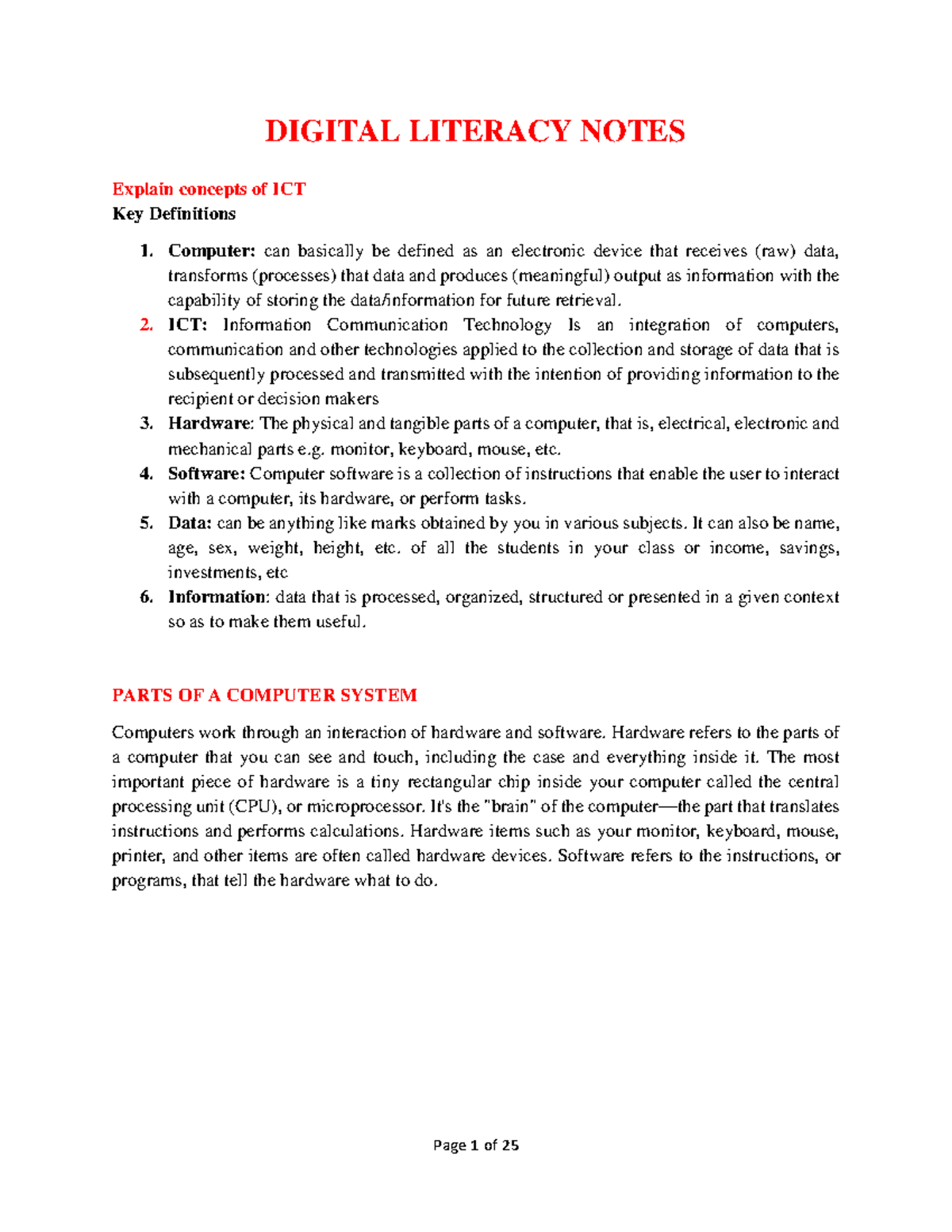 Digital Literacy Notes Batch 1 - DIGITAL LITERACY NOTES Explain ...