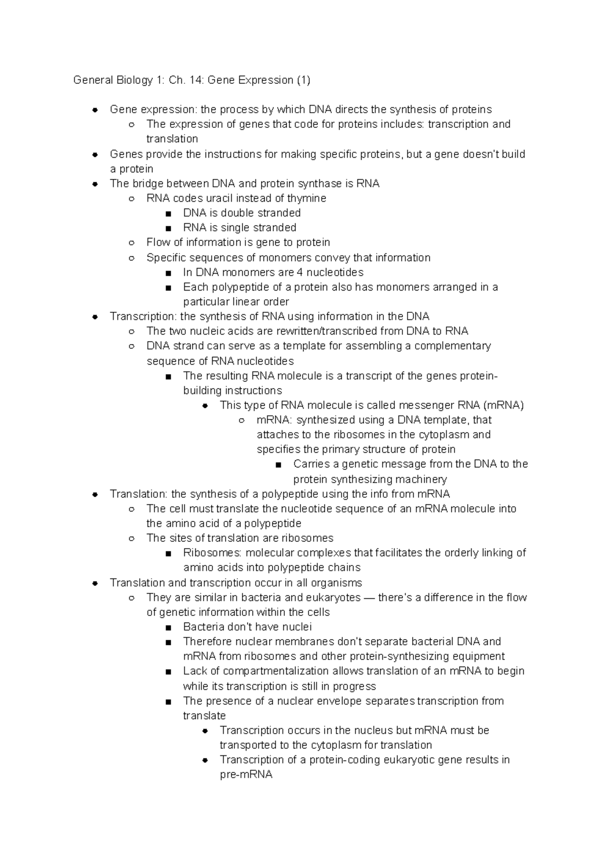 General Biology 1 Ch. 14 Gene Expression - General Biology 1: Ch. 14 ...
