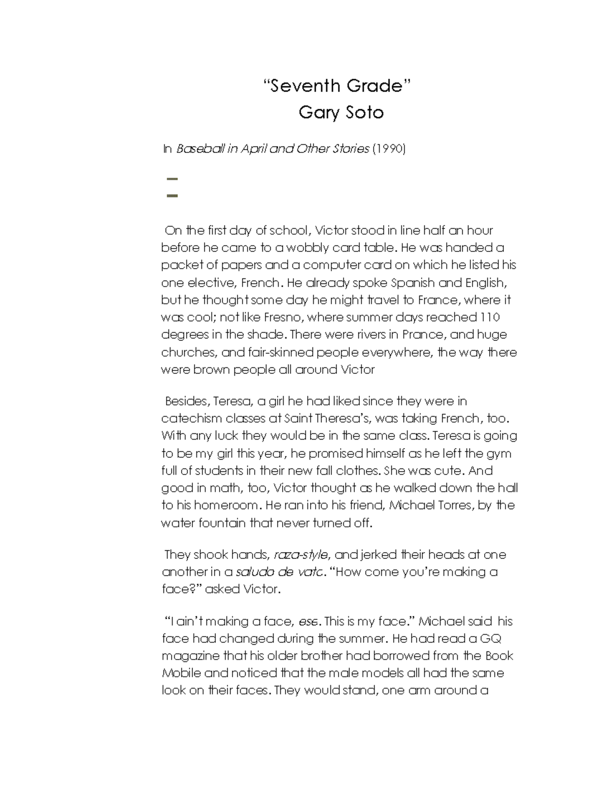 Seventh Grade by Gary Soto - “Seventh Grade” Gary Soto In Baseball in ...