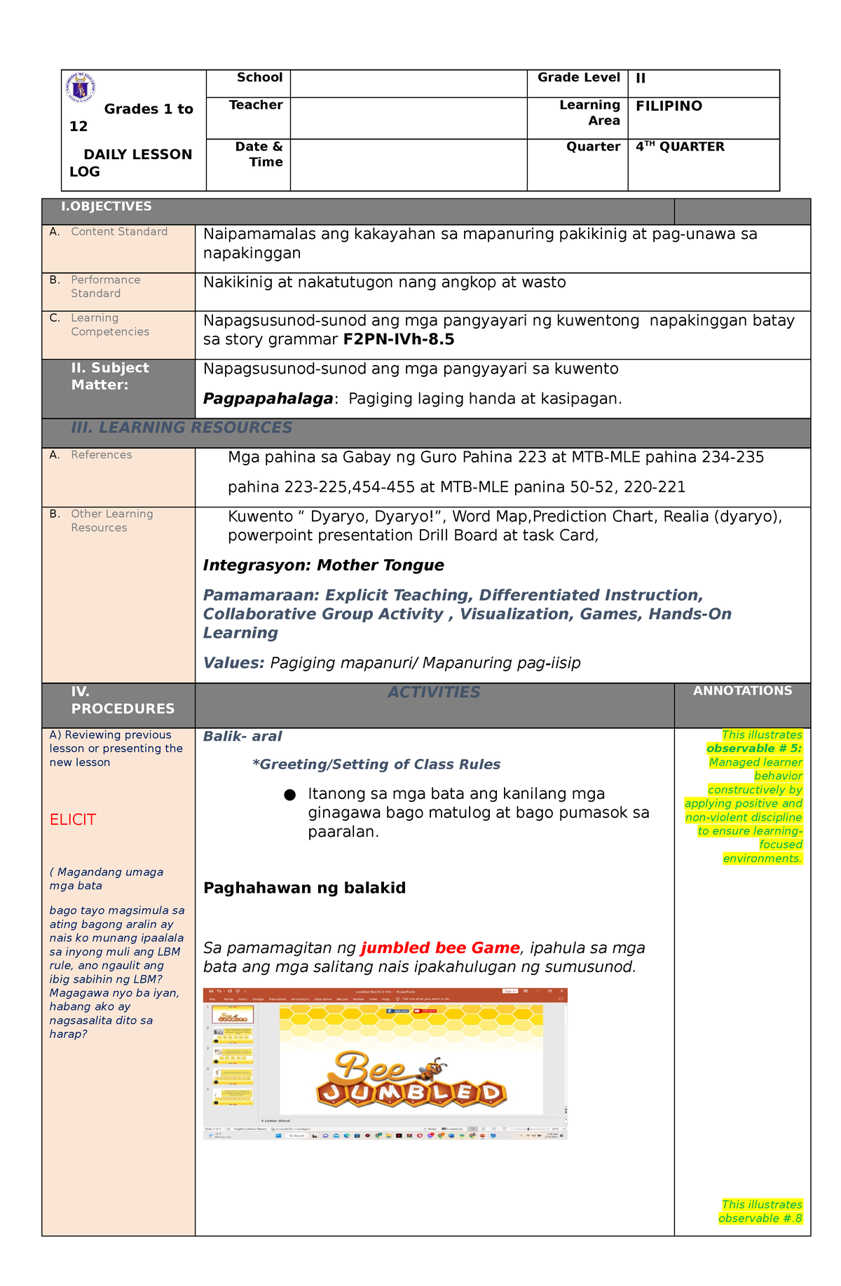 Cot Filipino Th Qtr Lesson Plan Grades To Daily Lesson Log