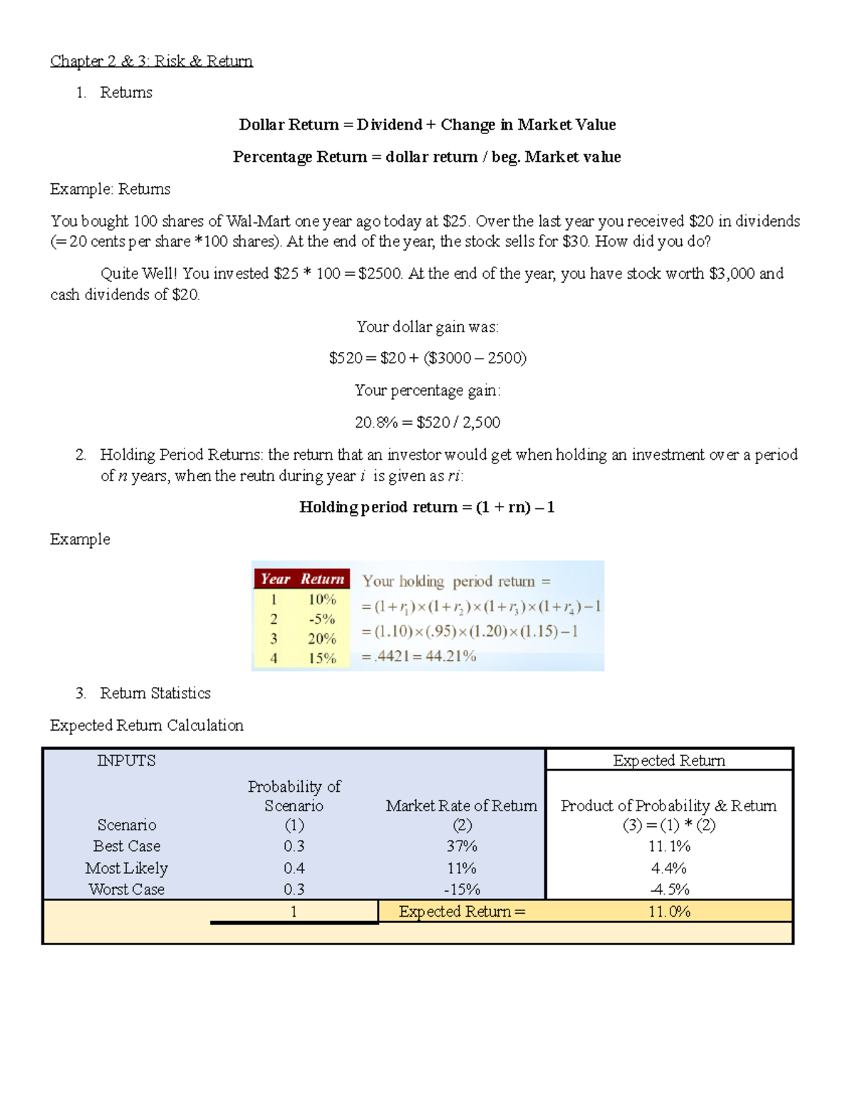 Chapter 2 - Lecture Notes 2 - Chapter 2 & 3: Risk & Return Returns ...