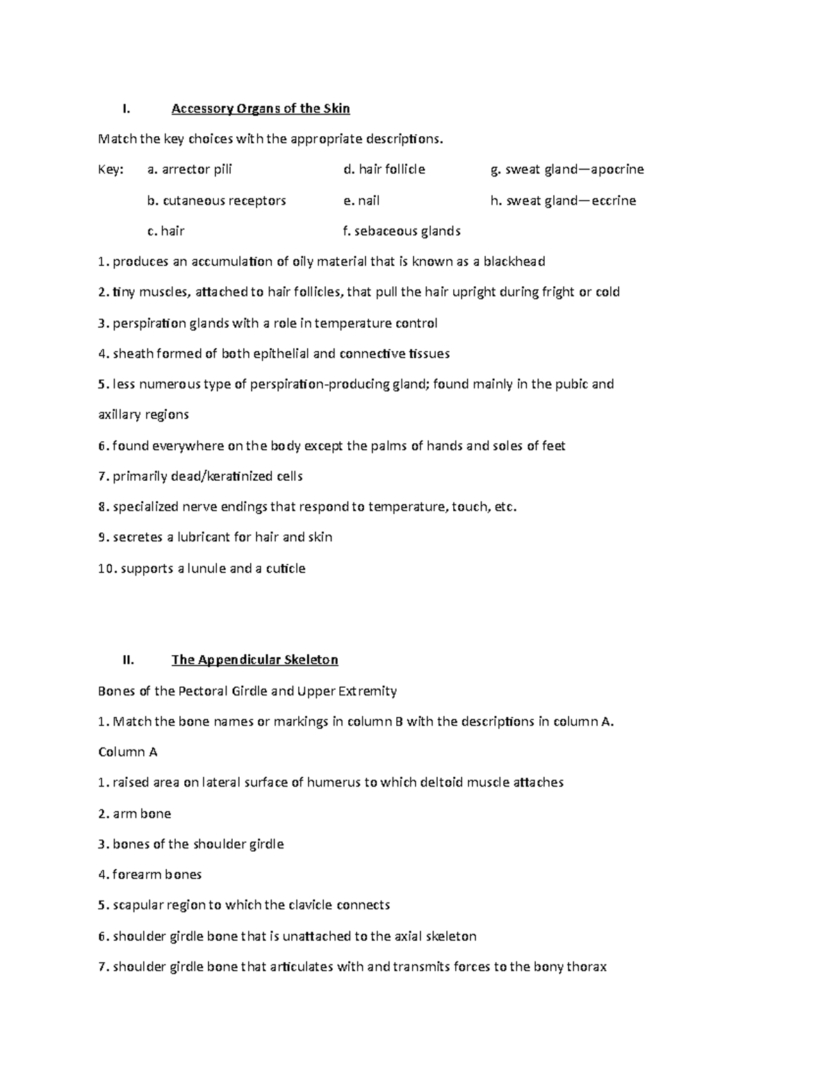 Lab Exercises 2 Assign I. Accessory Organs of the Skin Match the key