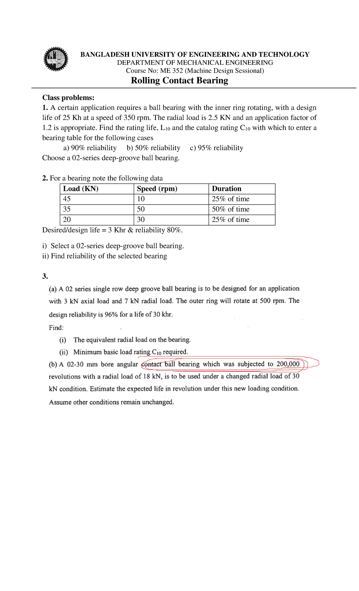 Problem Class Rolling Contact Bearing BANGLADESH UNIVERSITY OF