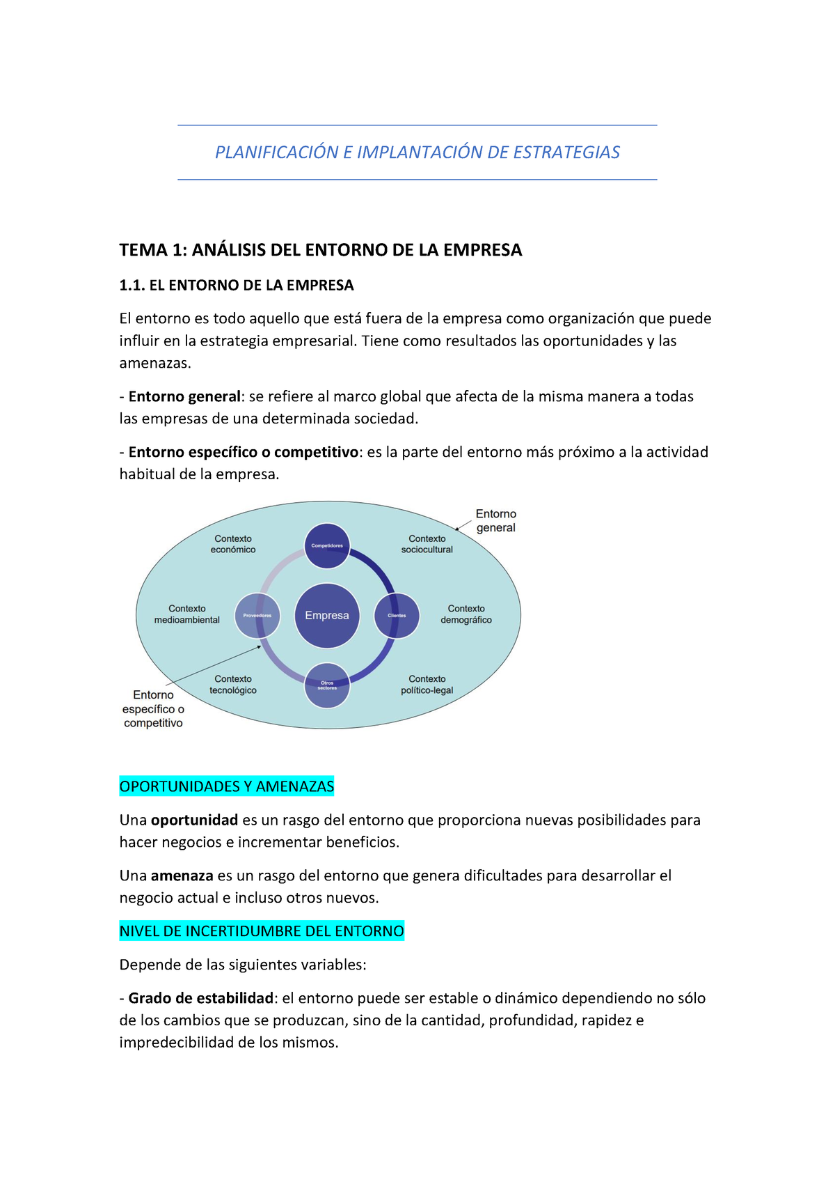 Resumen Tema 1 - PLANIFICACI”N E IMPLANTACI”N DE ESTRATEGIAS TEMA 1: AN ...