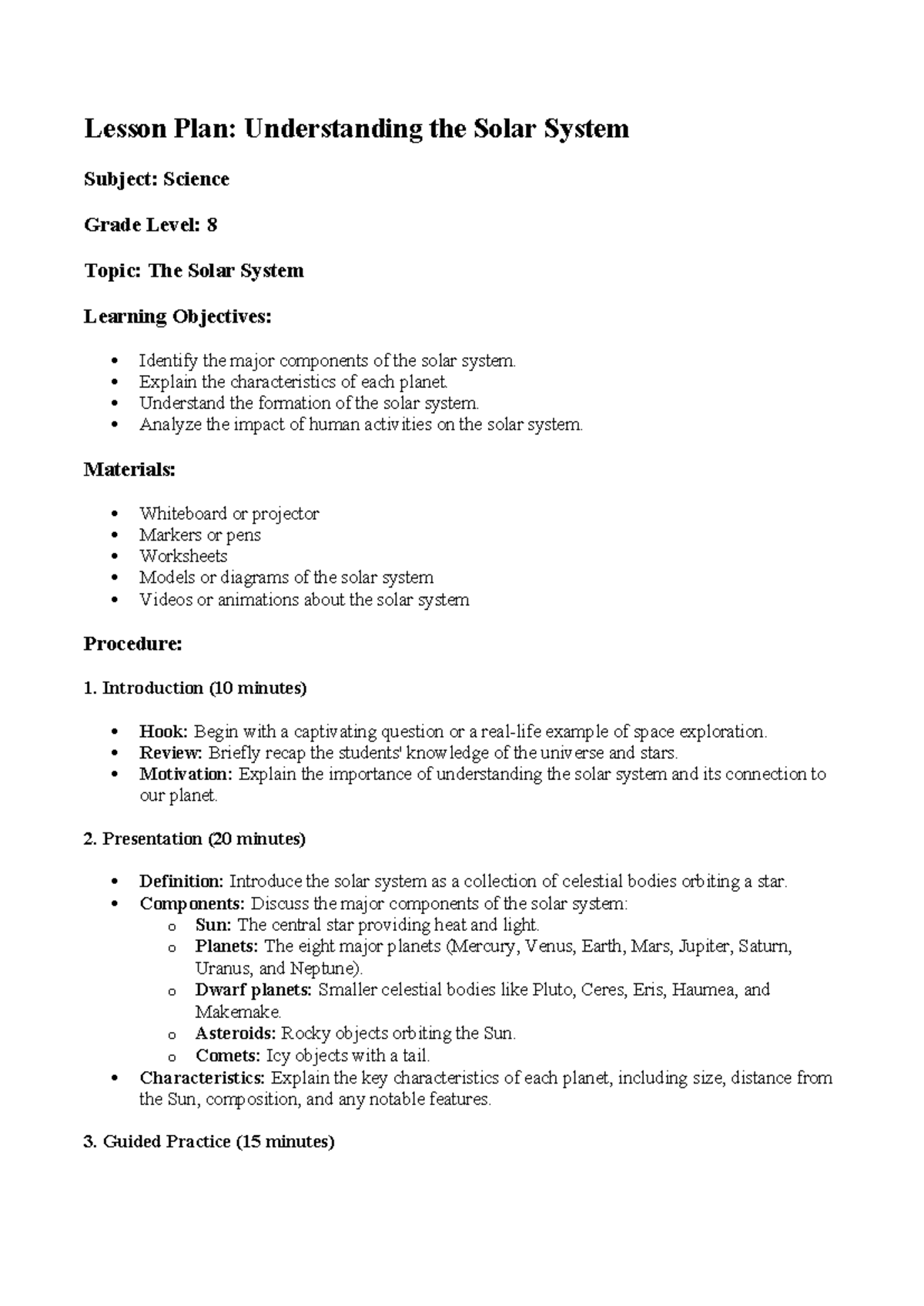 Lesson Plan Grade 8 - MATH - Lesson Plan: Understanding the Solar ...