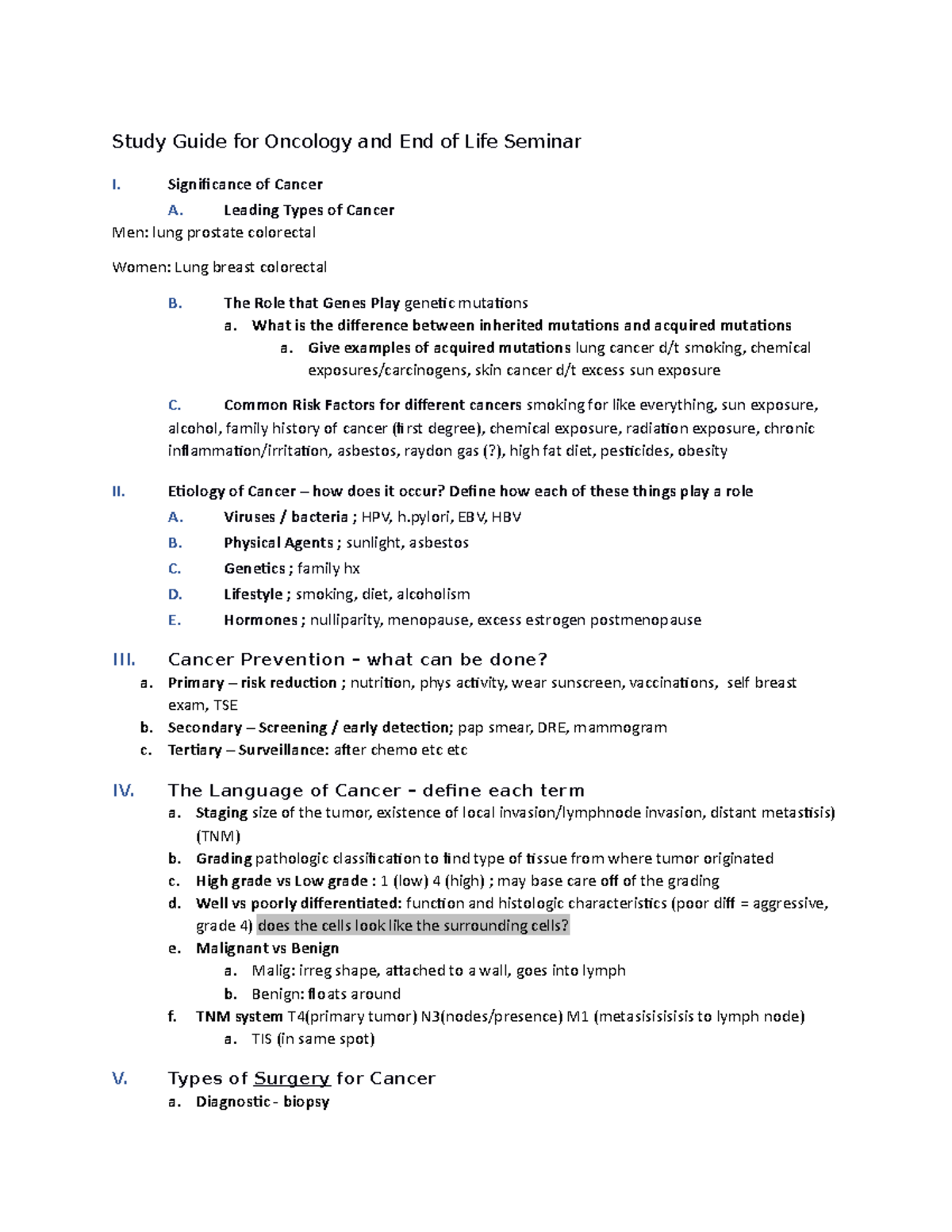 Study Guide for Oncology and End of Life Seminar - NUTR518 - Studocu